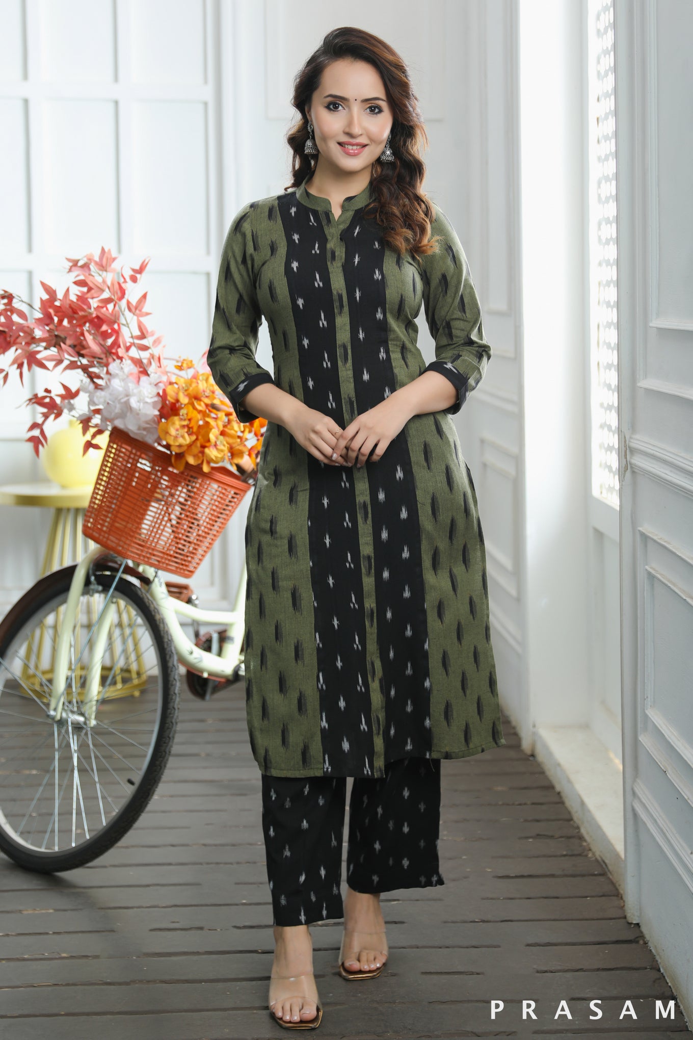 Aaradhya Classy Mehandi Green And Black Cotton Handloom Ikat Combination Kurti (Optional Pants)