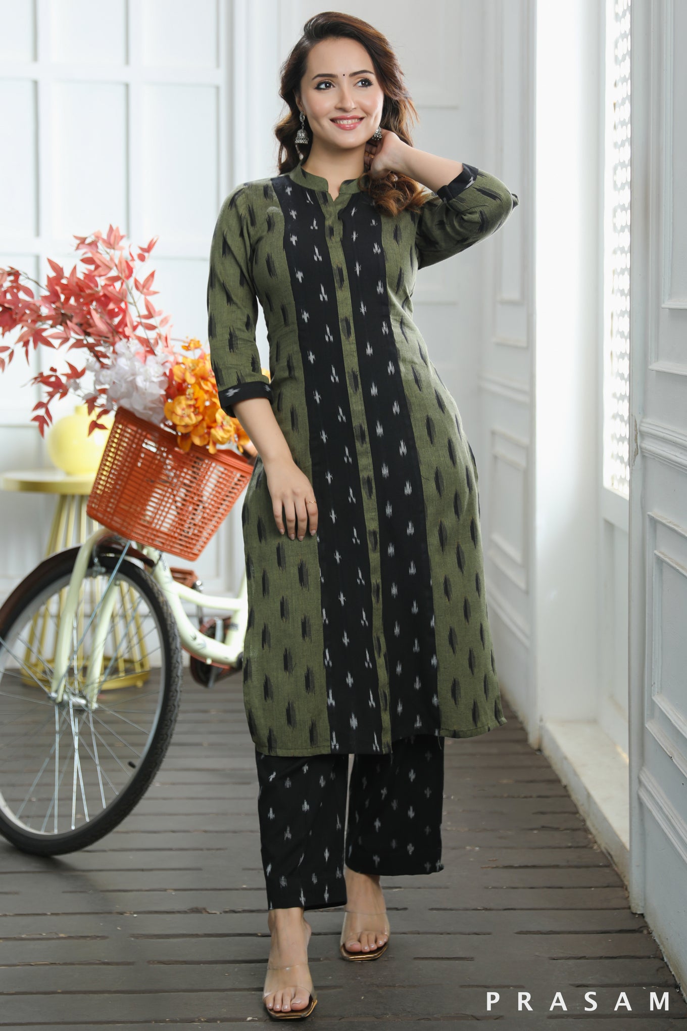 Aaradhya Classy Mehandi Green And Black Cotton Handloom Ikat Combination Kurti (Optional Pants)