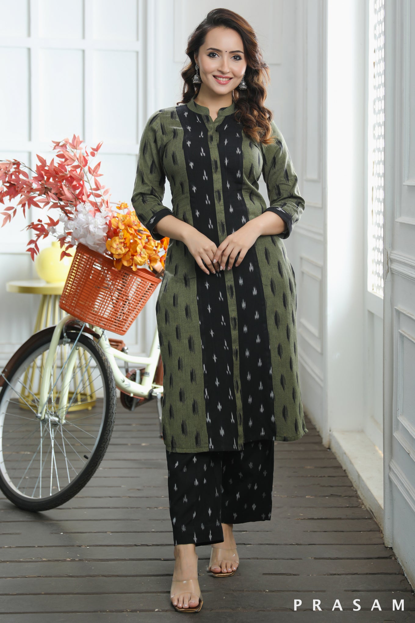 Aaradhya Classy Mehandi Green And Black Cotton Handloom Ikat Combination Kurti (Optional Pants)