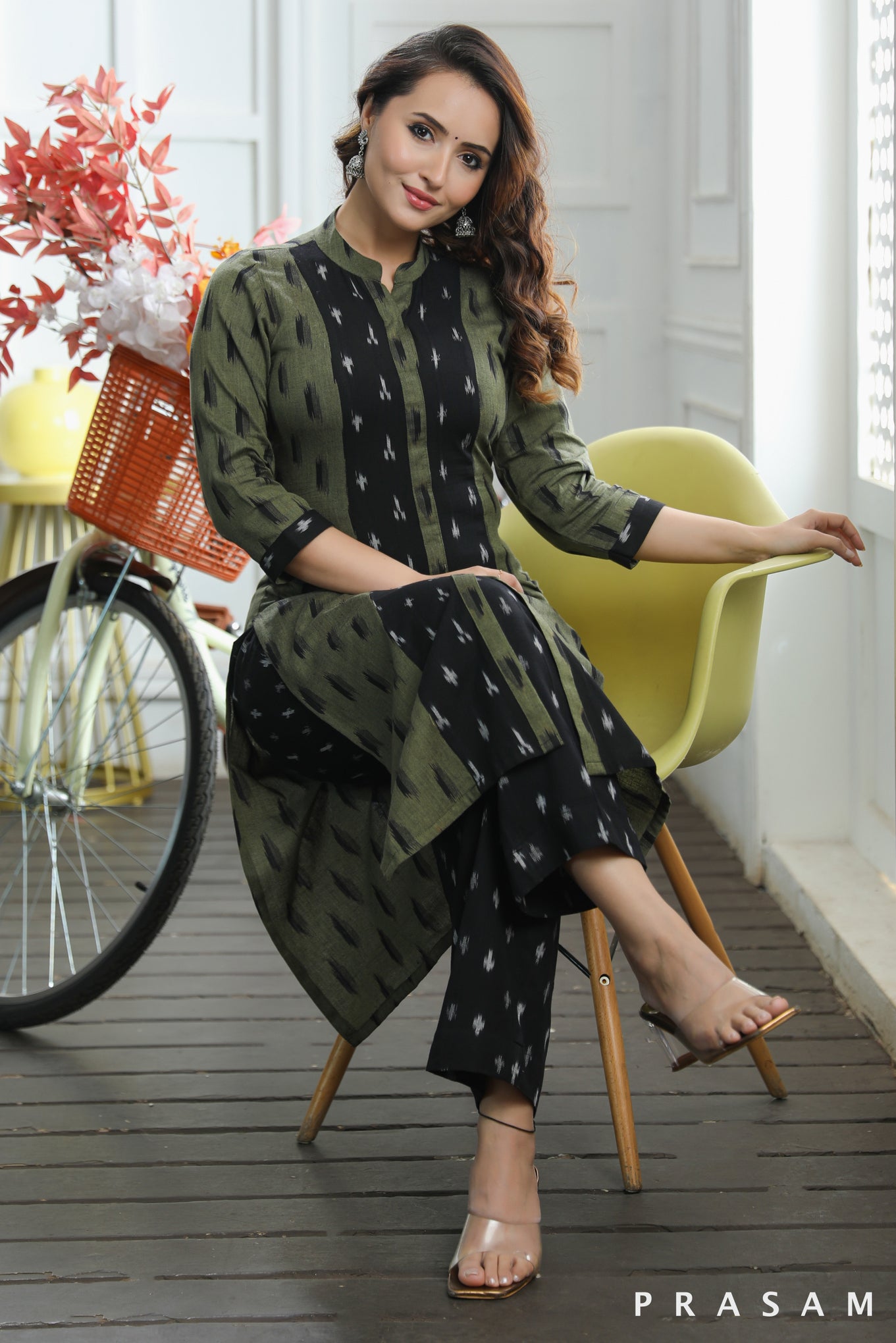 Aaradhya Classy Mehandi Green And Black Cotton Handloom Ikat Combination Kurti (Optional Pants)