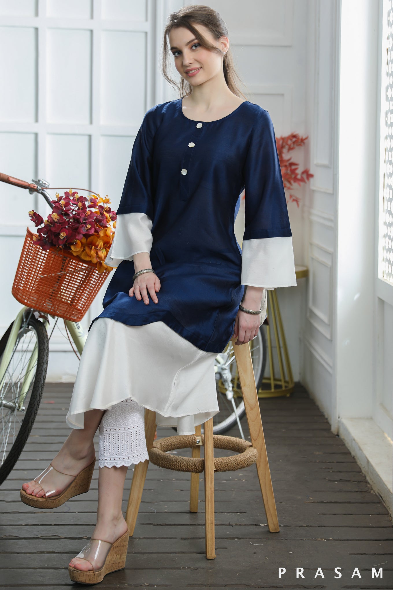 navy blue and white combination dress Chanderi Silk Navy Blue And White Combination Kurti