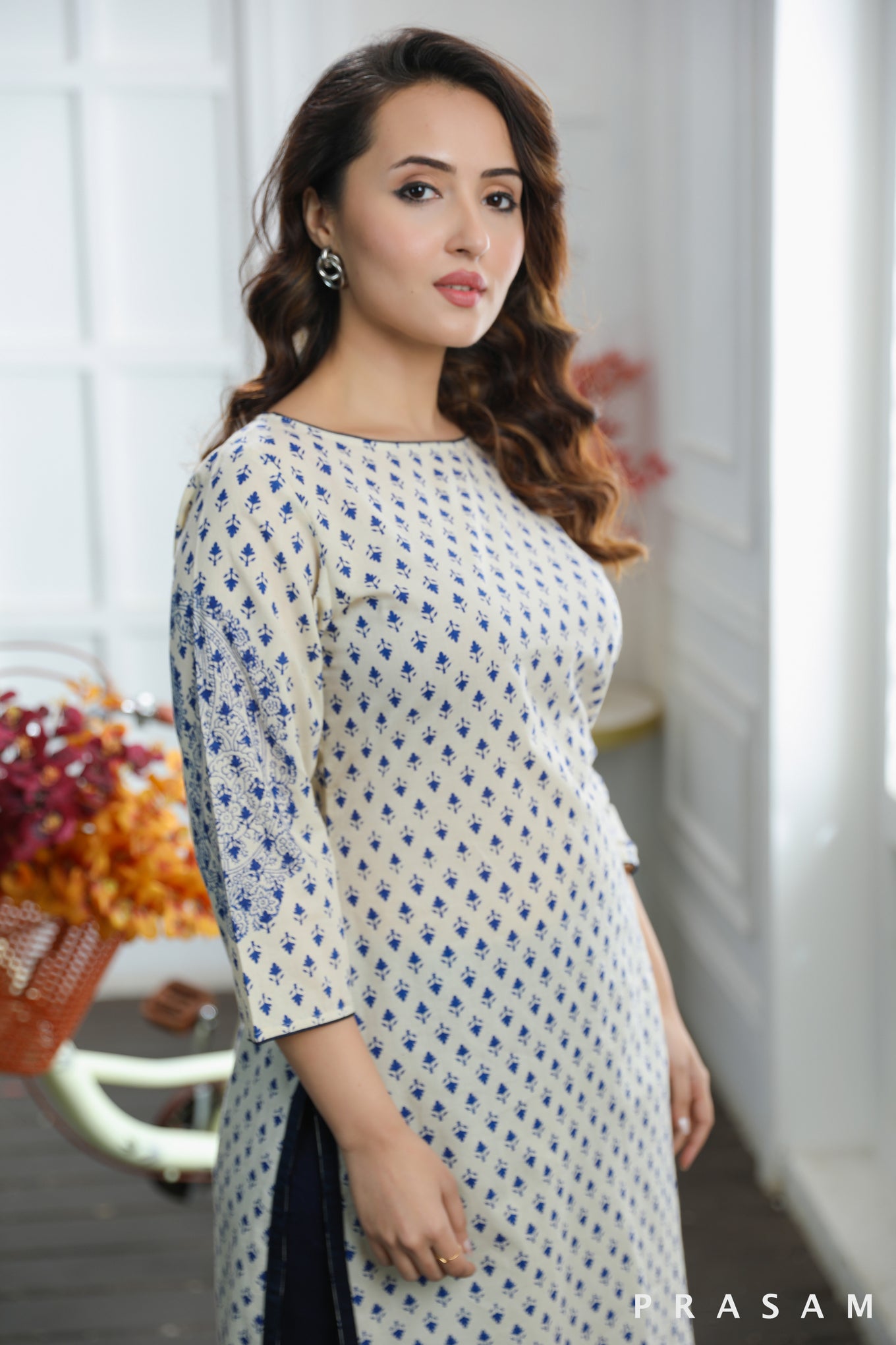 Celestial Charmi - Beautiful Beige Cotton Mul Kurti With Navy Blue Hand Block print (Optional Pants)