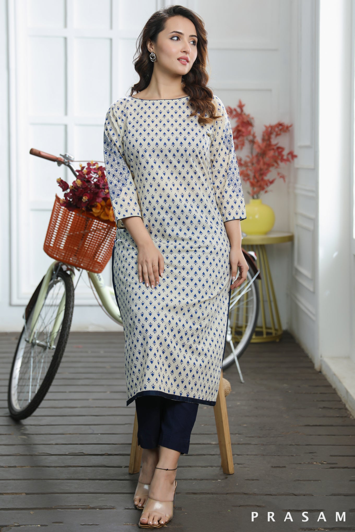 Celestial Charmi - Beautiful Beige Cotton Mul Kurti With Navy Blue Hand Block print (Optional Pants)