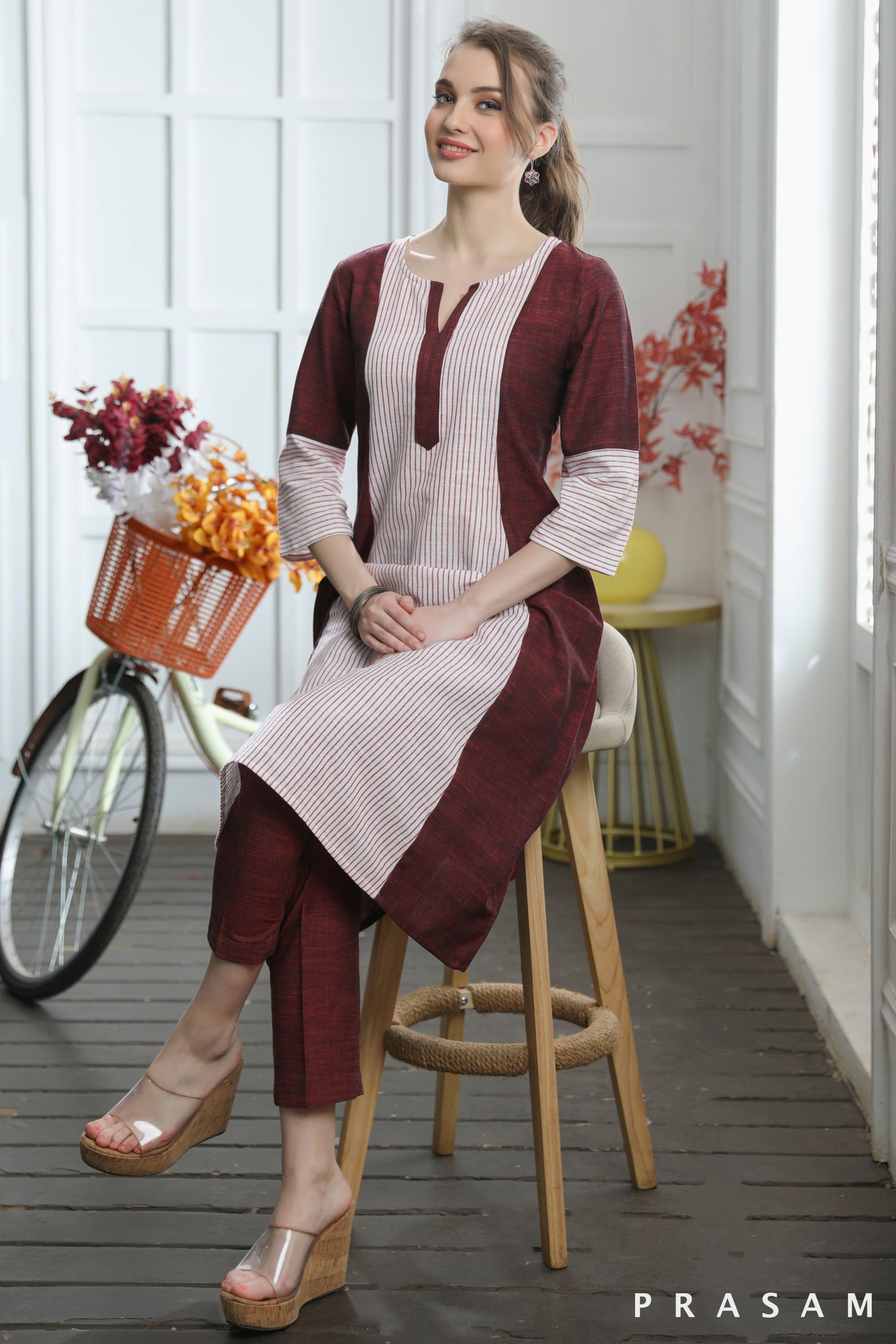 Shyla Dressy Plain Maroon Cotton Handloom With Stripes A-line Kurti (Optional Pants)