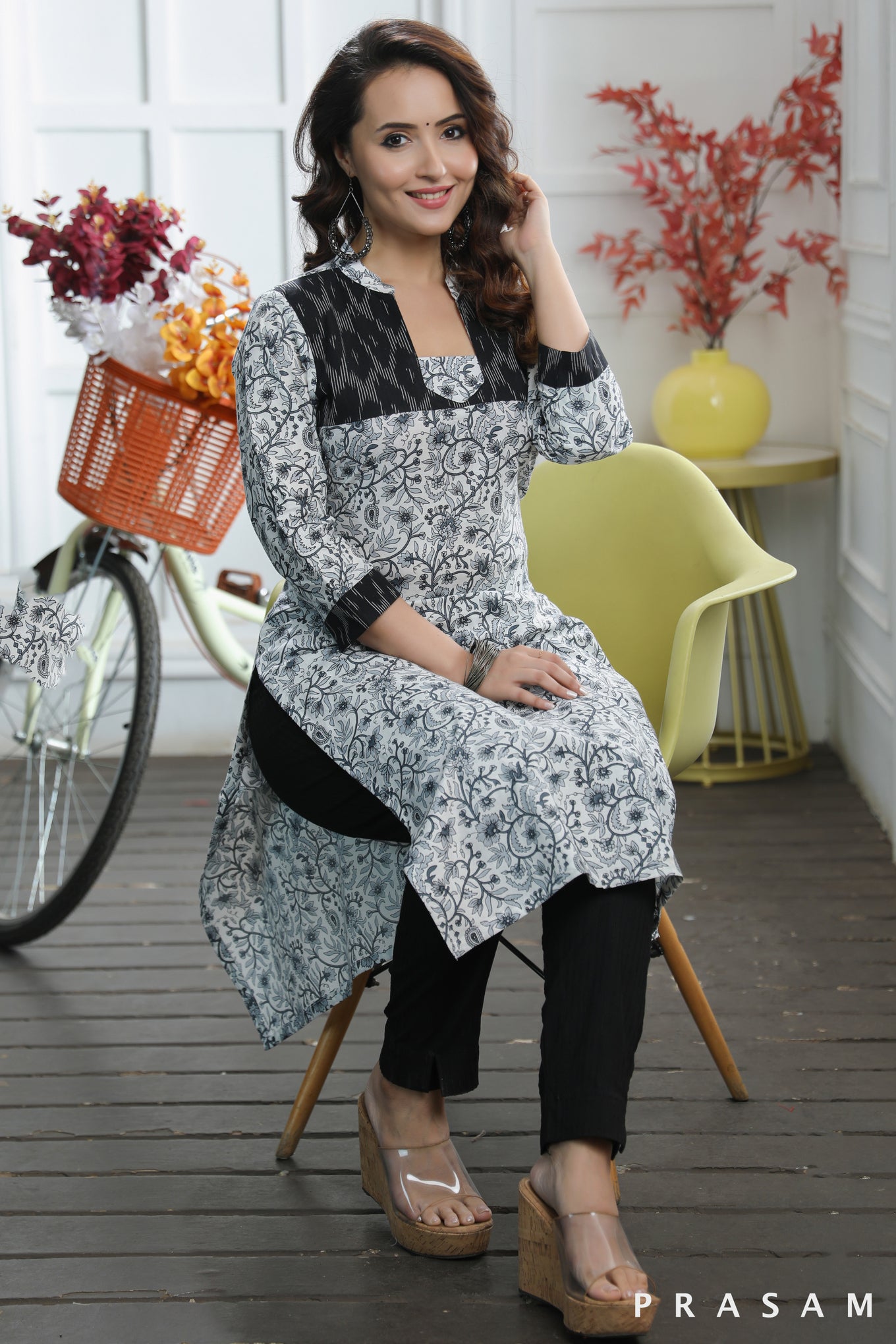 Arya Floral Black And White Jaipuri Printed With Ikat Trims Kurti (Optional Pants)