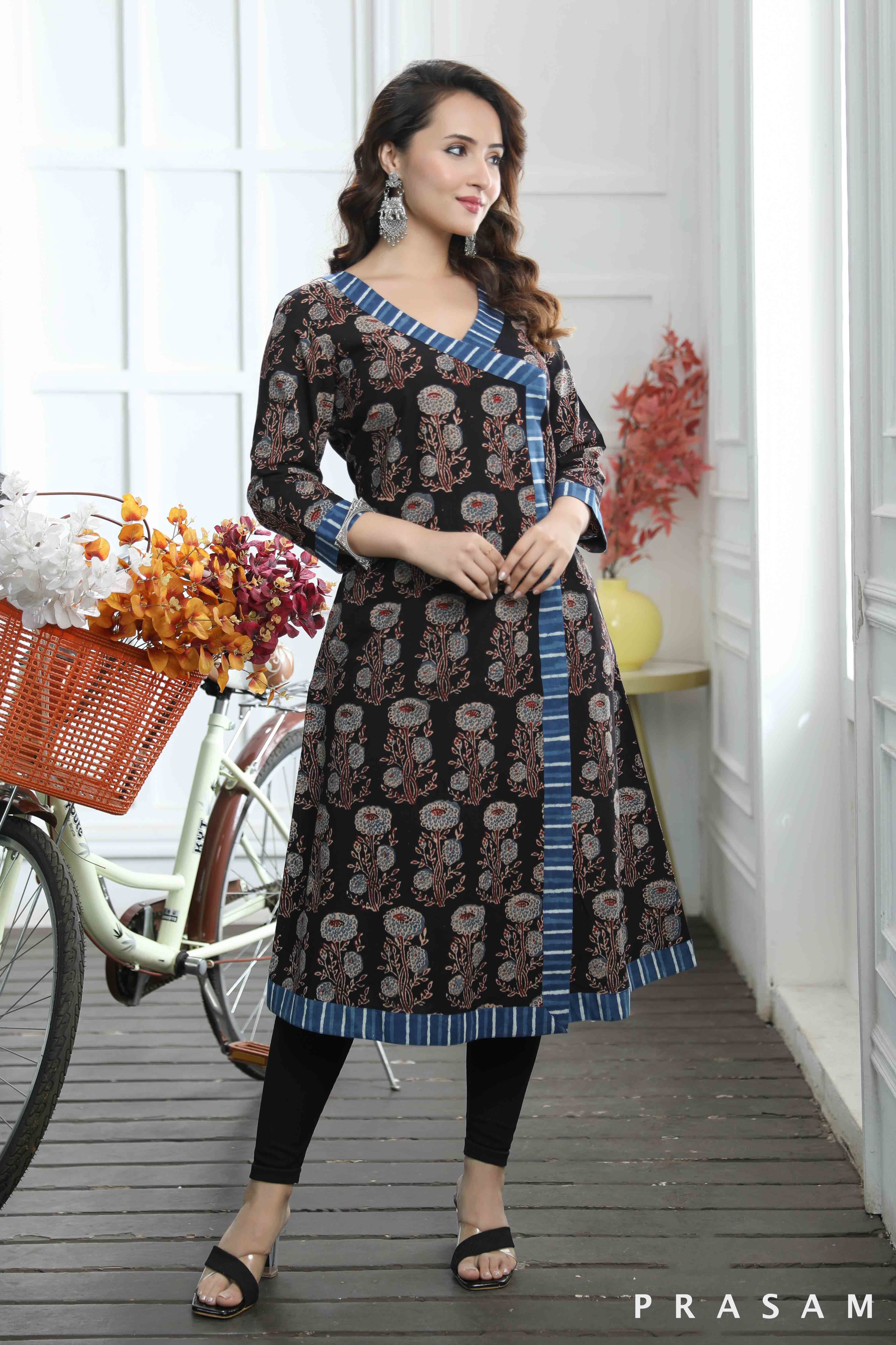 Ira - Floral Ajrakh Cotton Printed Kurti With Indigo Stripes Trims (Optional Leggings)