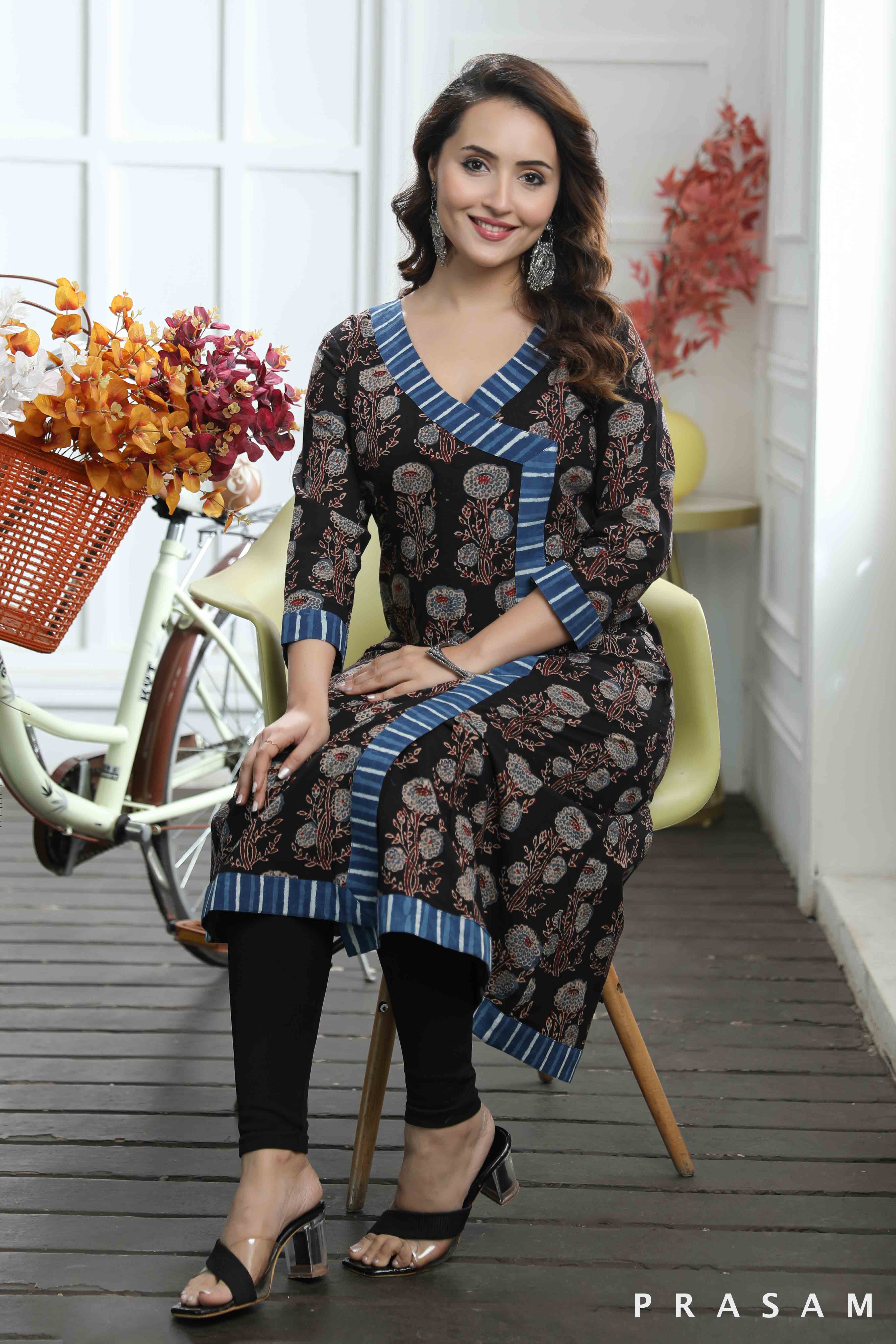 Ira - Floral Ajrakh Cotton Printed Kurti With Indigo Stripes Trims (Optional Leggings)