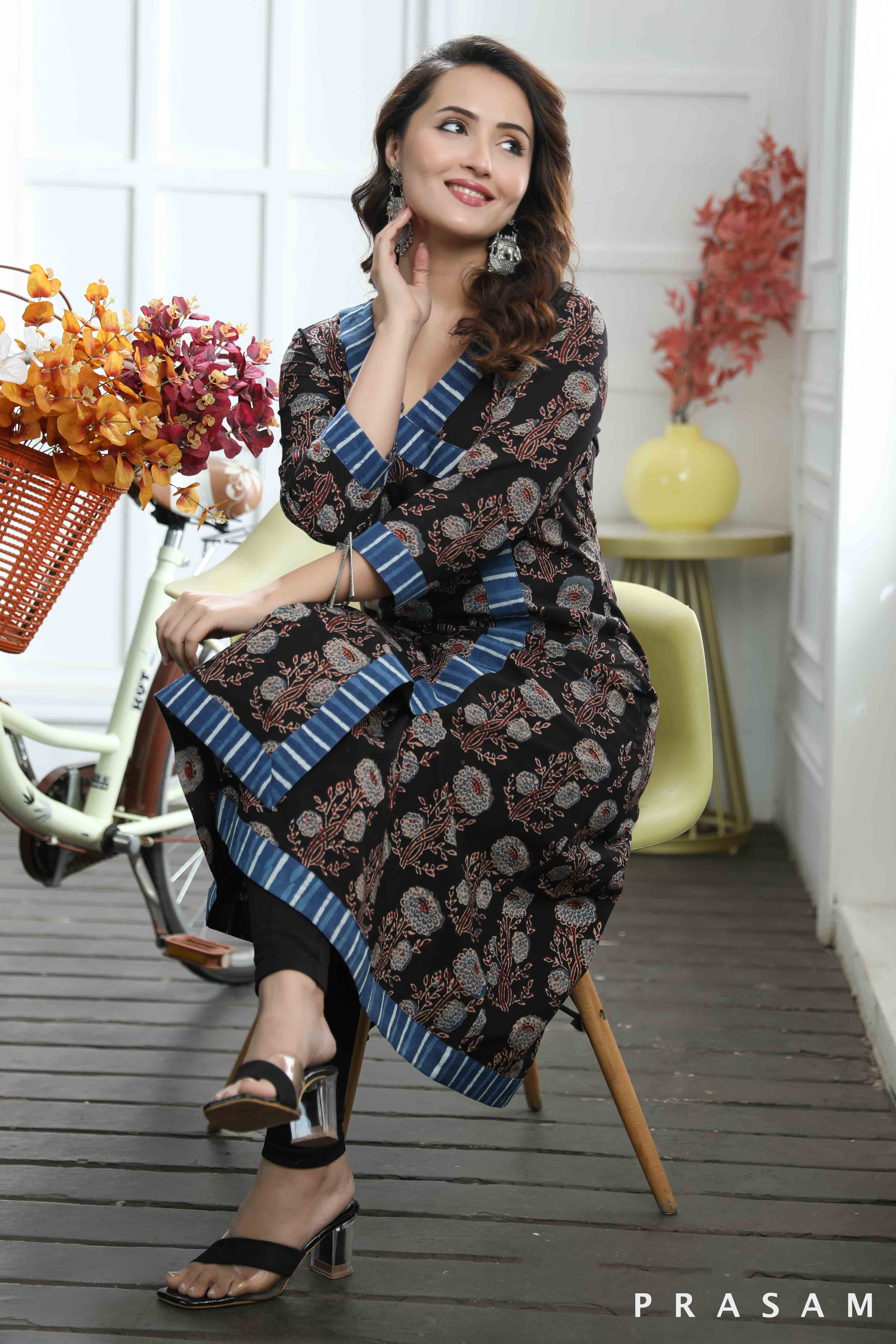Ira - Floral Ajrakh Cotton Printed Kurti With Indigo Stripes Trims (Optional Leggings)
