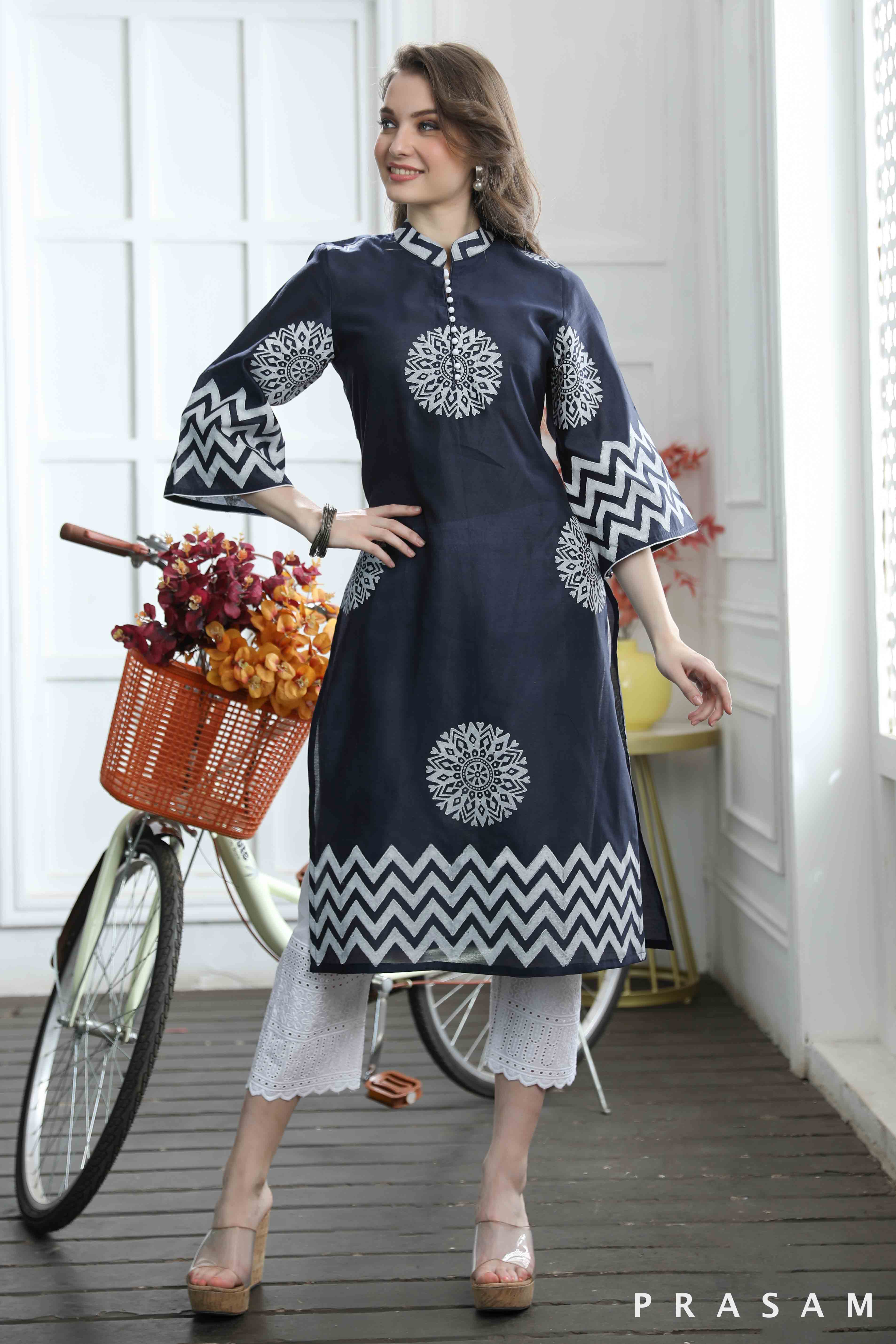Serene Blossom Fabulous Navy Blue and White Hand Block Print Kurti (Optional Pants)