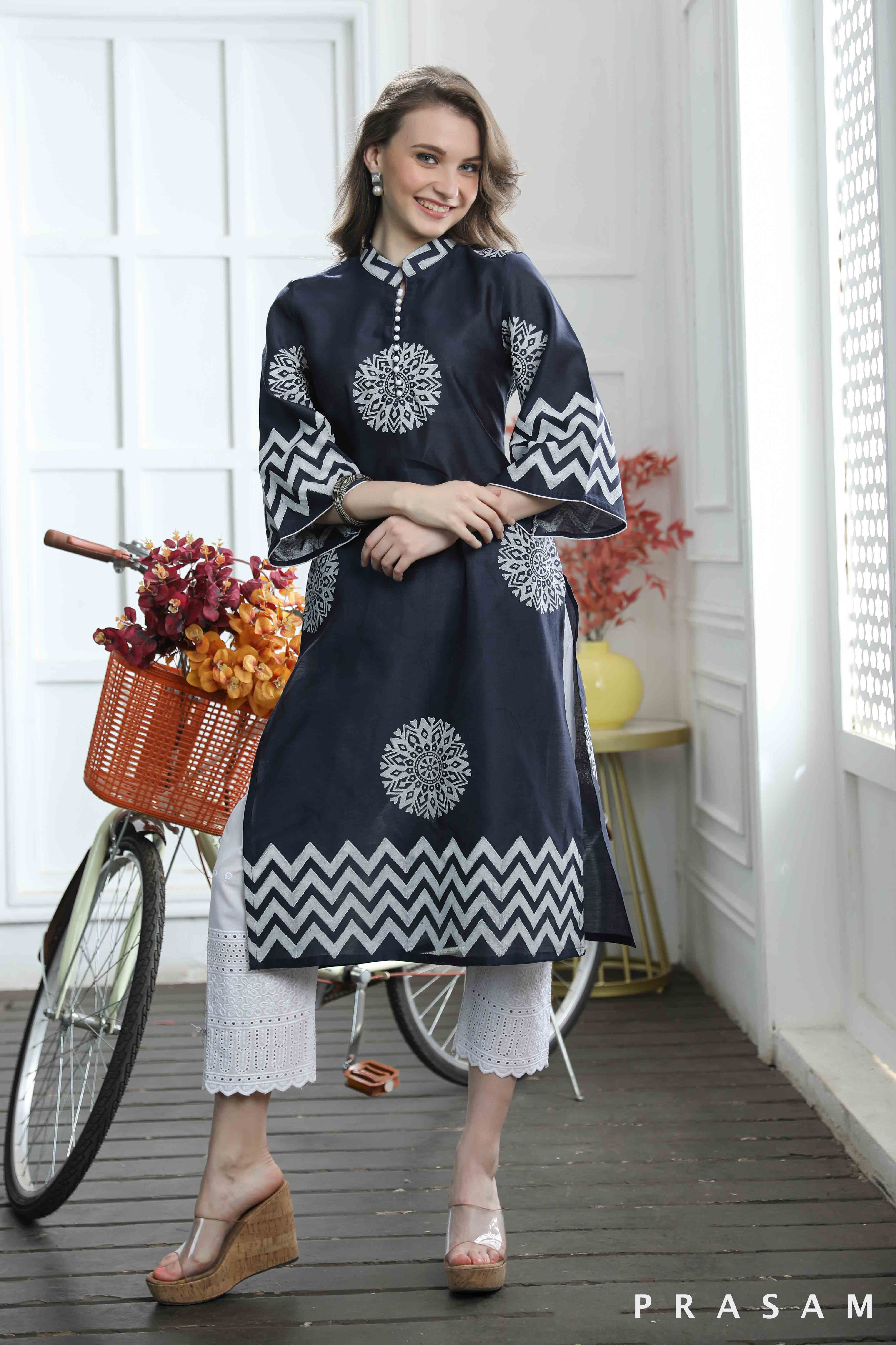 Serene Blossom Fabulous Navy Blue and White Hand Block Print Kurti (Optional Pants)