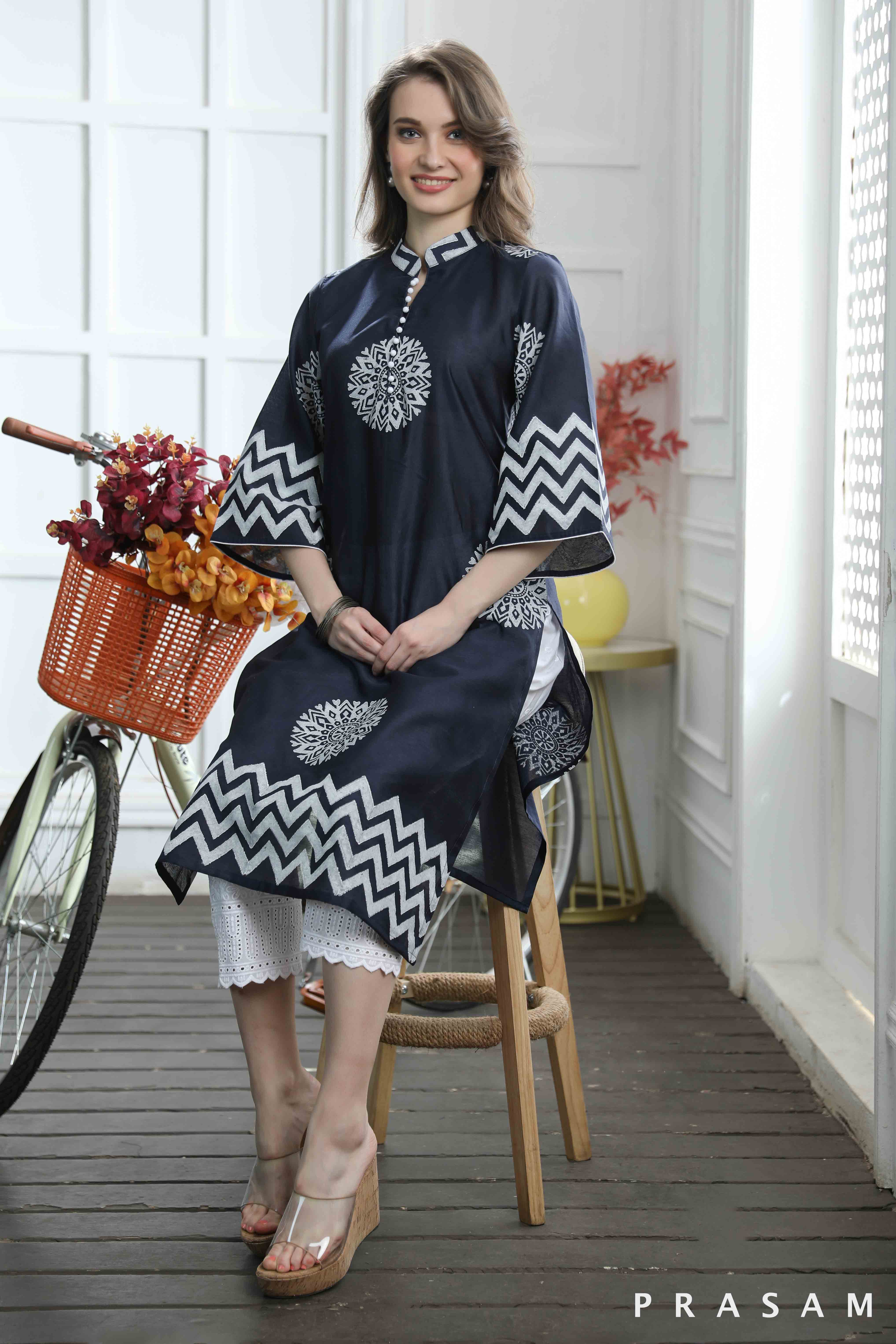 Serene Blossom Fabulous Navy Blue and White Hand Block Print Kurti (Optional Pants)