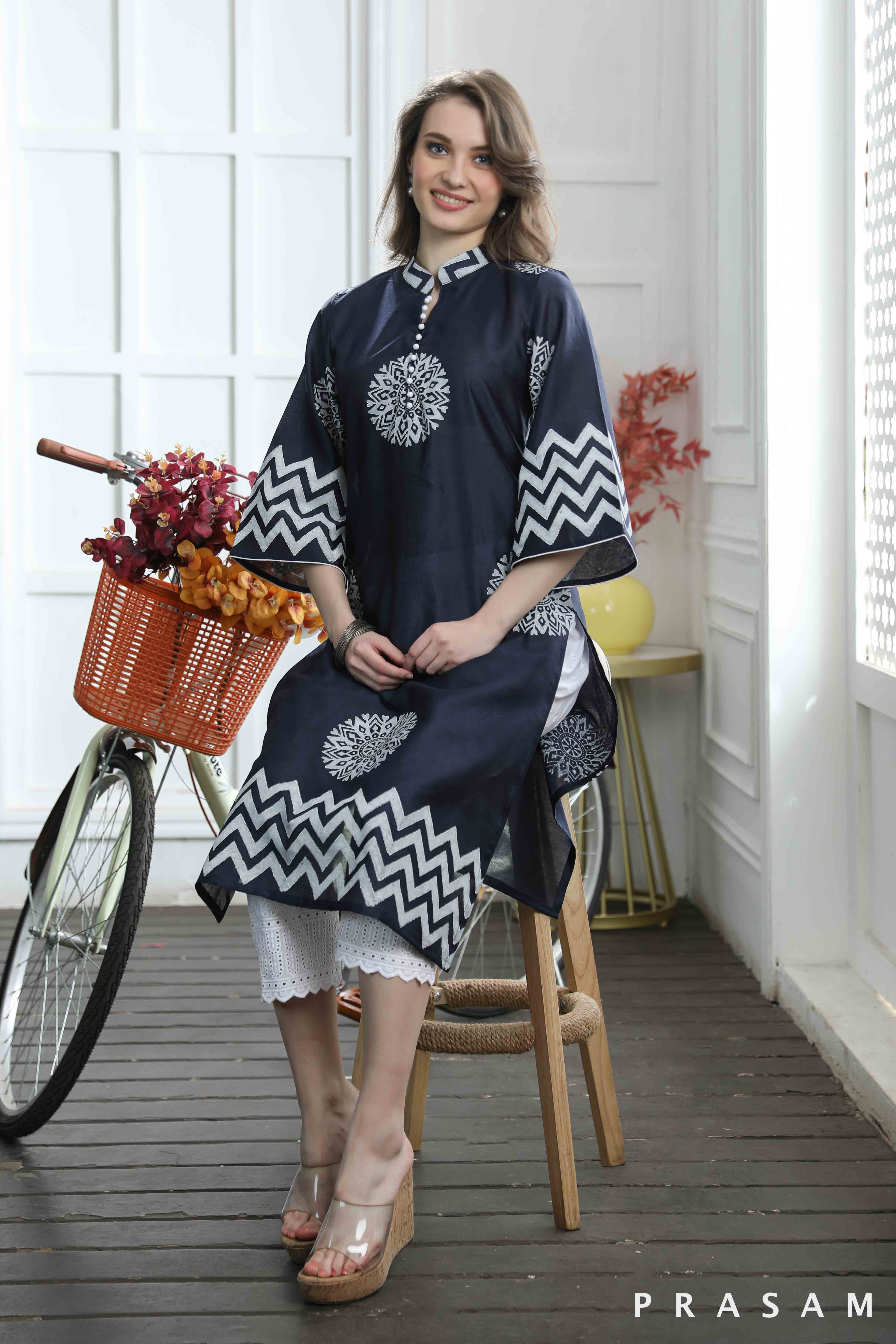 Serene Blossom Fabulous Navy Blue and White Hand Block Print Kurti (Optional Pants)
