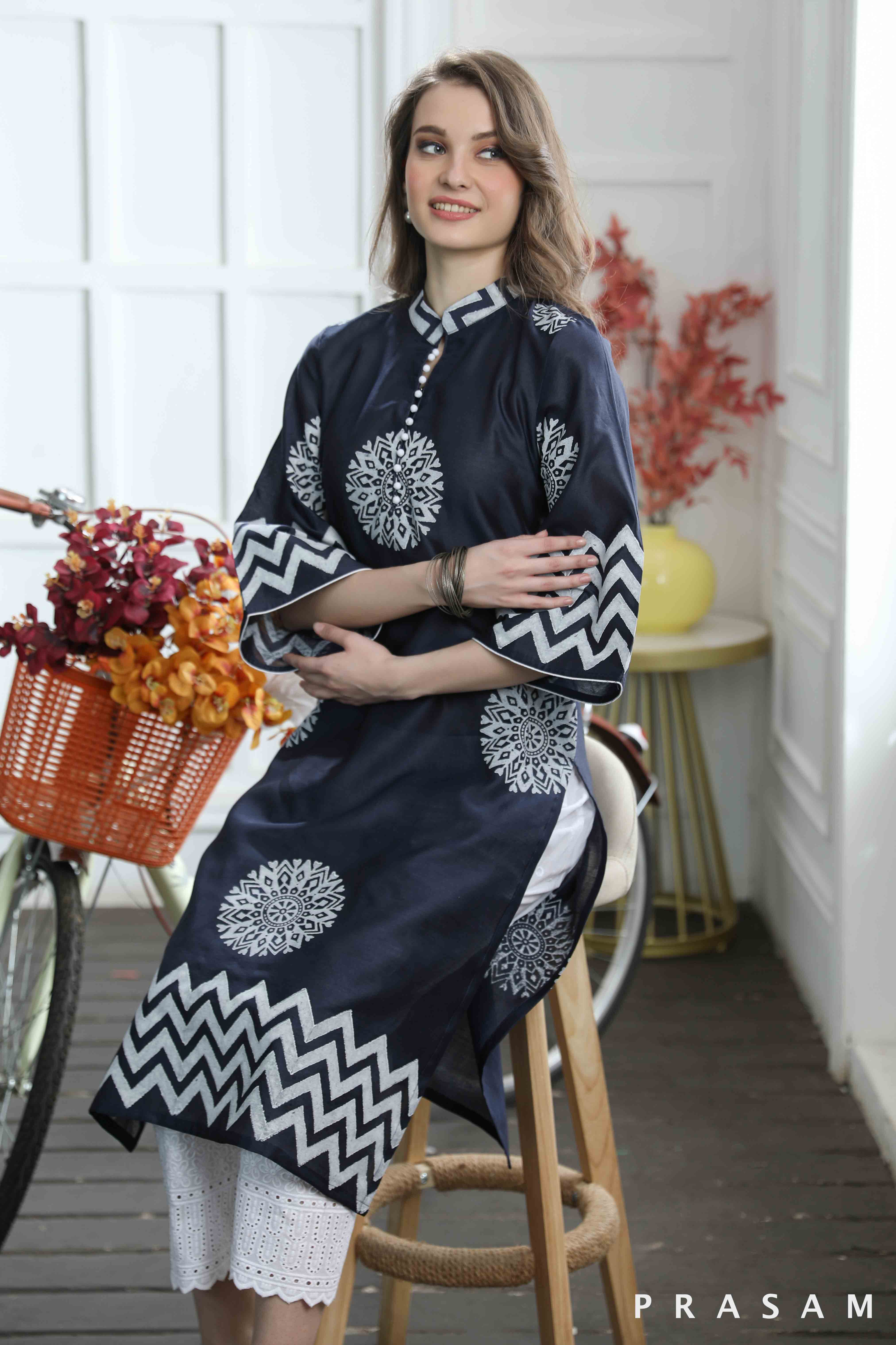 Serene Blossom Fabulous Navy Blue and White Hand Block Print Kurti (Optional Pants)