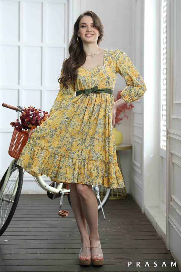 Sunny Sunflower Cute Flared Bagru Printed Dress With Belt