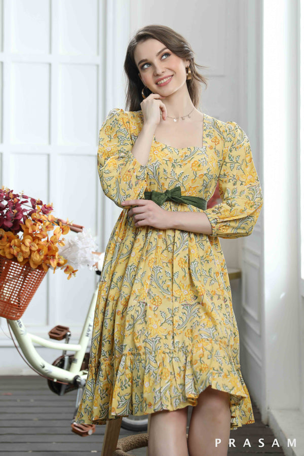 Sunny Sunflower Cute Flared Bagru Printed Dress With Belt