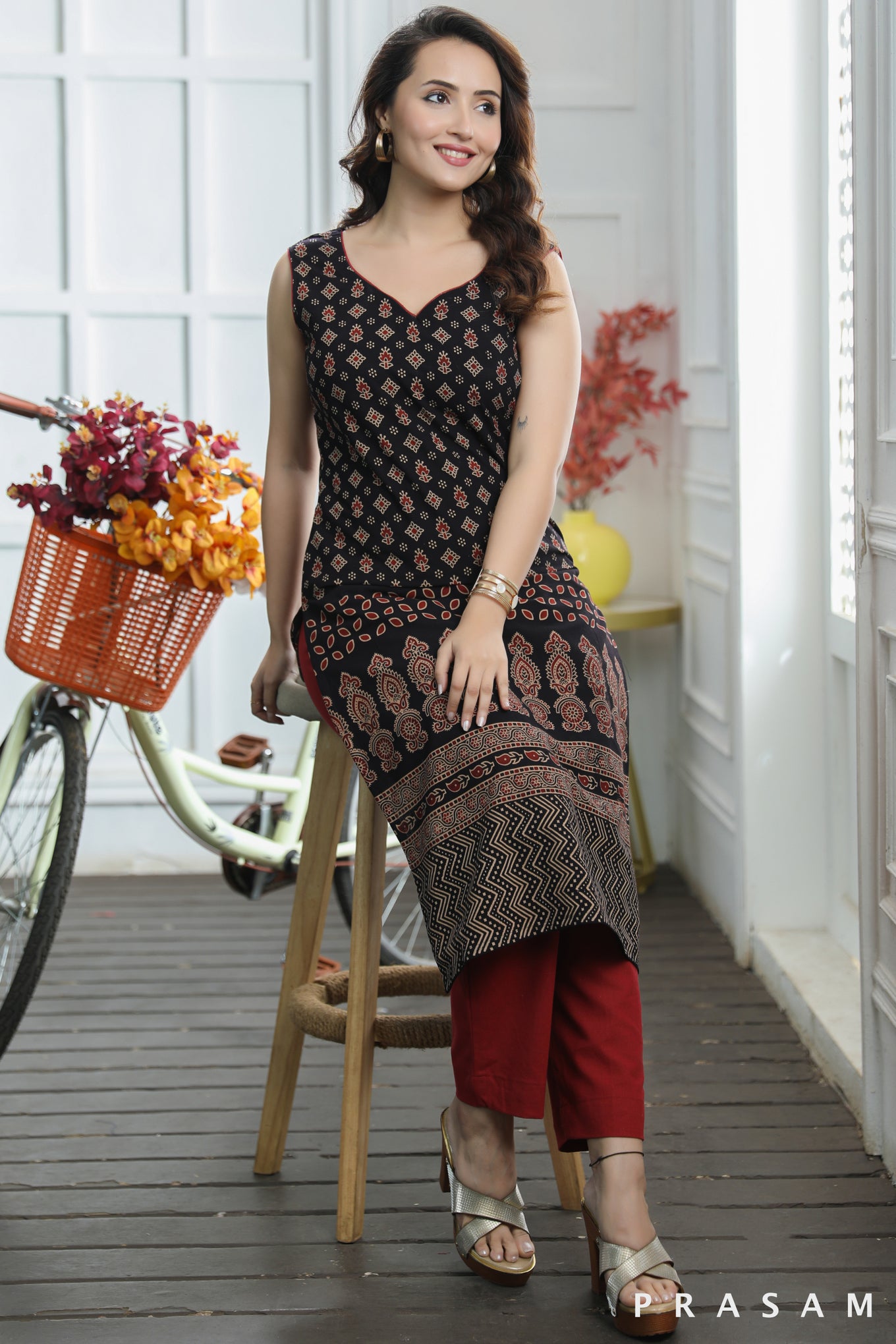 Nidhi Fabulous Ajrakh Sleeveless Kurti (Optional Pants)
