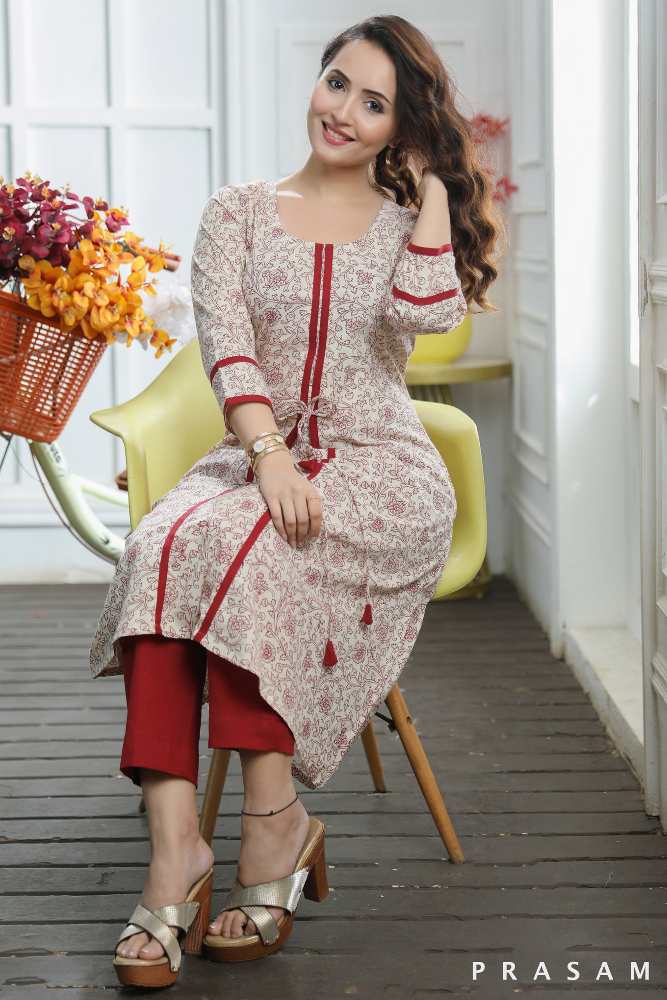 Secret Garden  Ethno Beige Cotton Mul Kurti With Maroon Hand Block Print And Trims (Optional Pants)