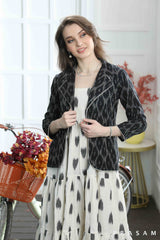 Emma Flattering Tiered Cotton Ikat Sleeveless Dress With Black Ikat Jacket