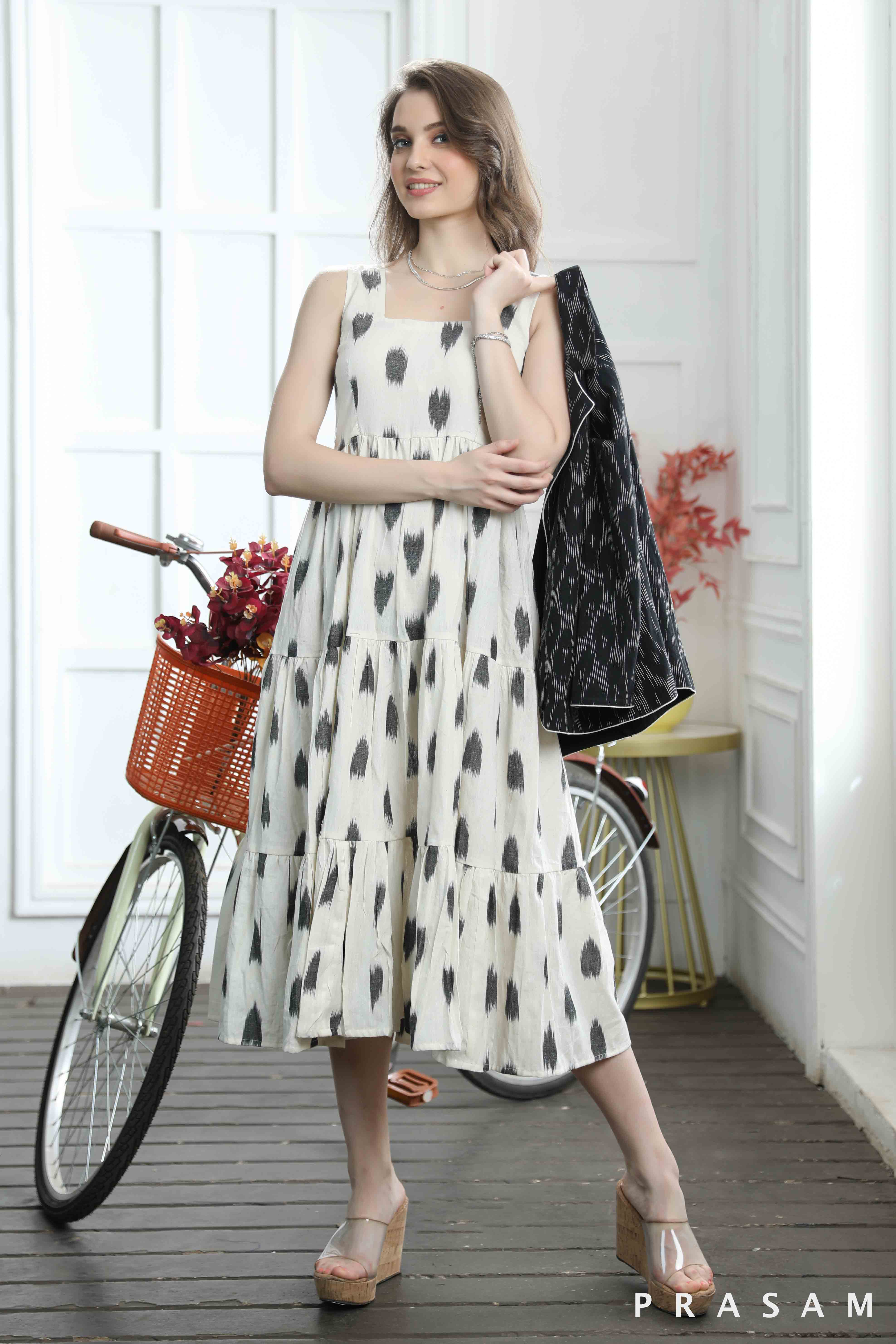 Emma Flattering Tiered Cotton Ikat Sleeveless Dress with Jacket