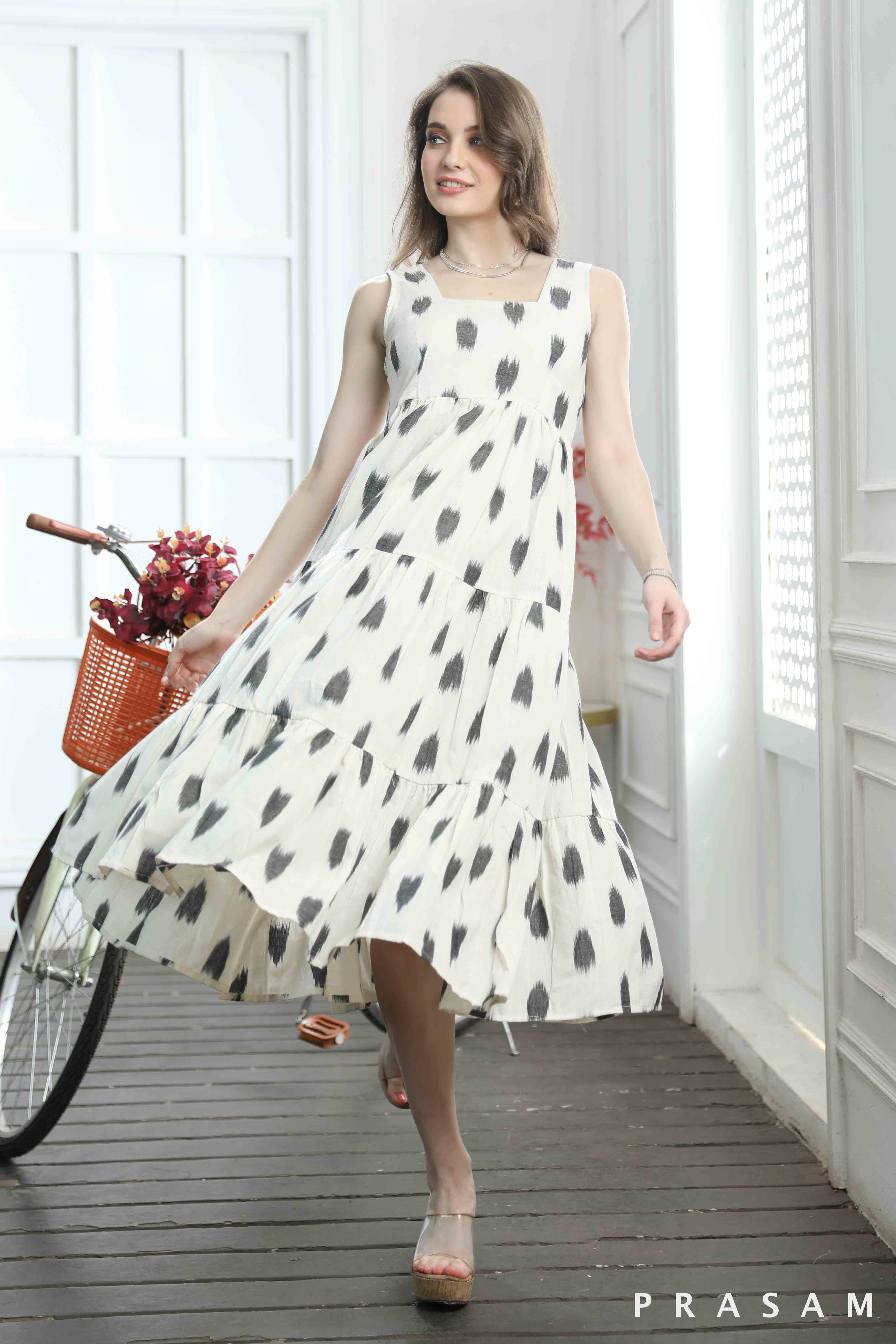 Emma Flattering Tiered Cotton Ikat Sleeveless Dress with Jacket