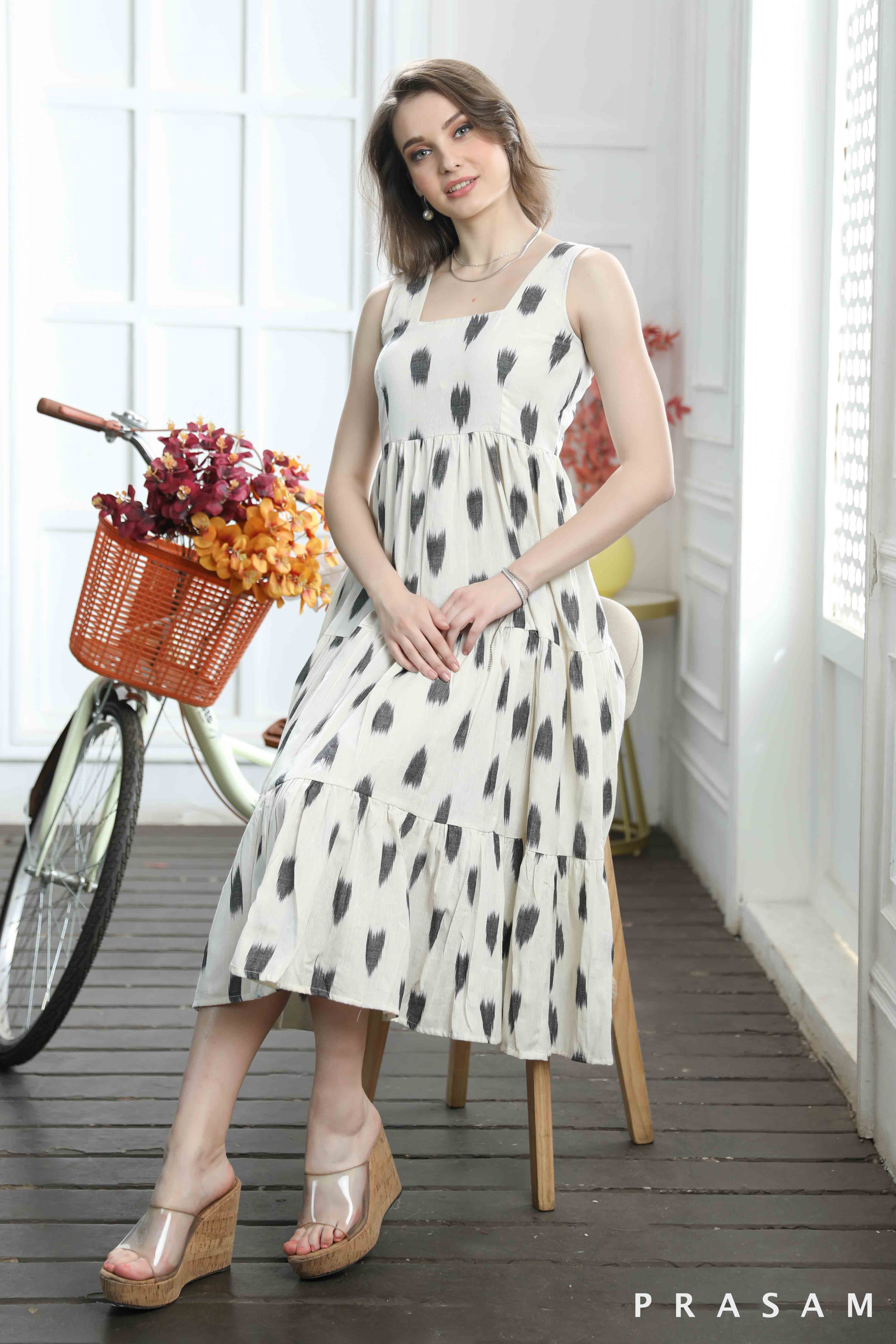 Emma Flattering Tiered Cotton Ikat Sleeveless Dress with Jacket