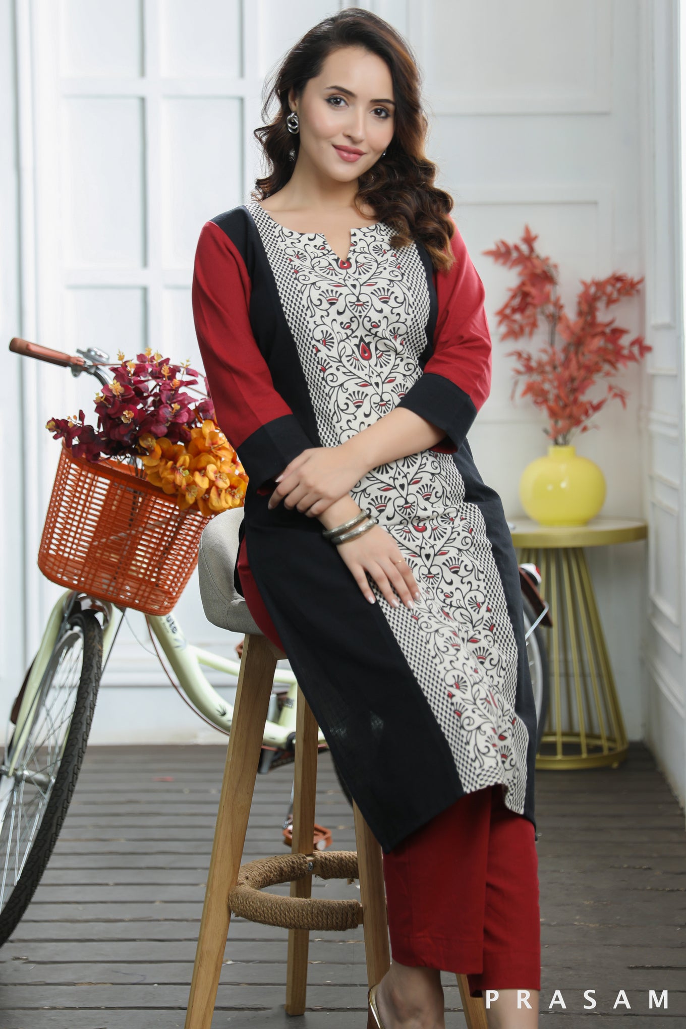 Regal Ruby Organic Black And Red Handloom Cotton With Hand Block Printed Panel (Optional Pants)