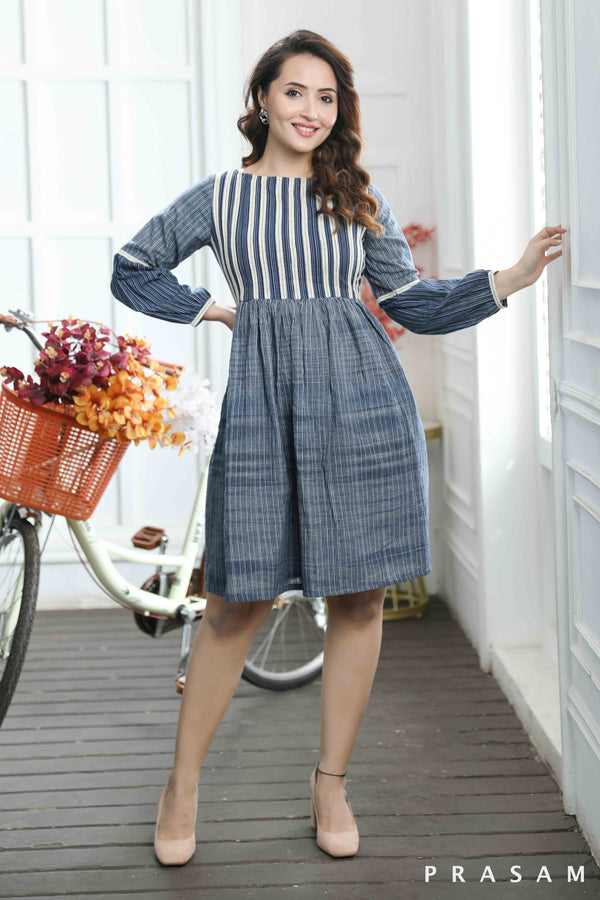 Ava Classy Stripe Cotton Dress With Lace Details