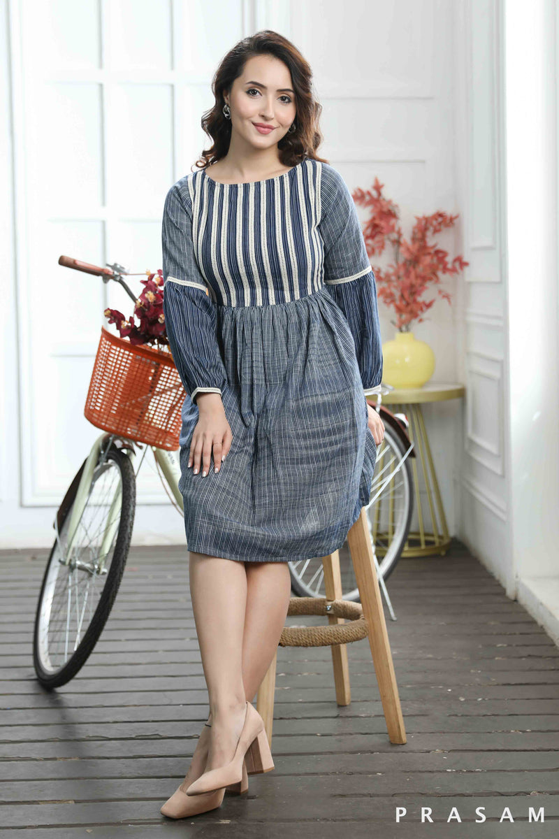 Ava Classy Stripe Cotton Dress With Lace Details