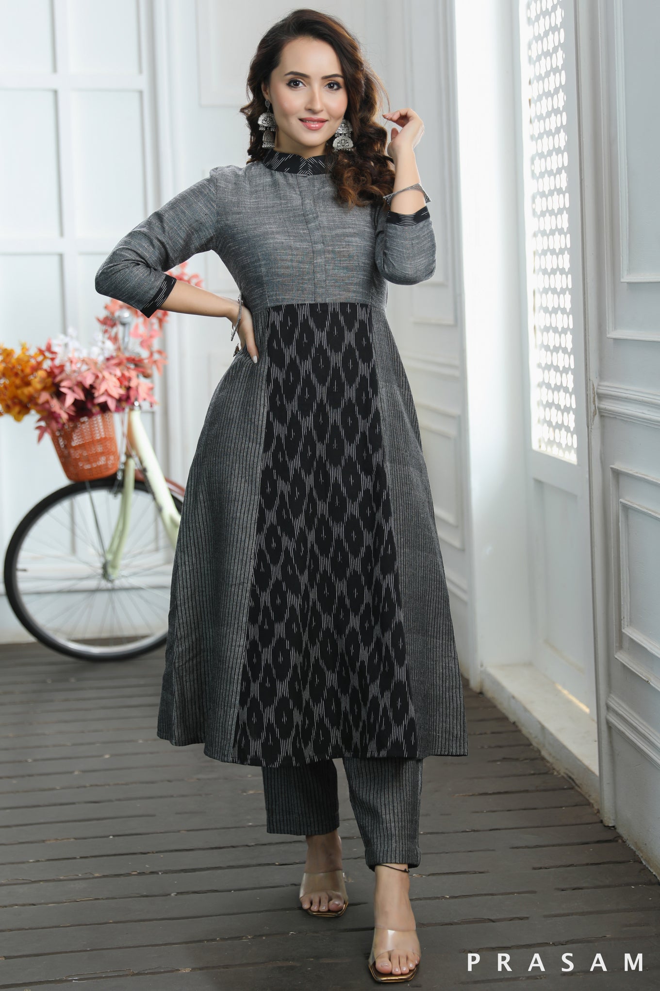 Aditi Classy Grey And Black Combination Ikat And Textured Cotton Kurti (Optional Pants)