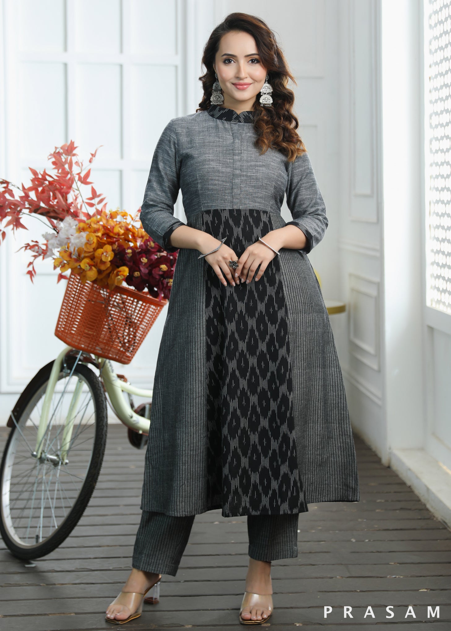 Aditi Classy Grey And Black Combination Ikat And Textured Cotton Kurti (Optional Pants)
