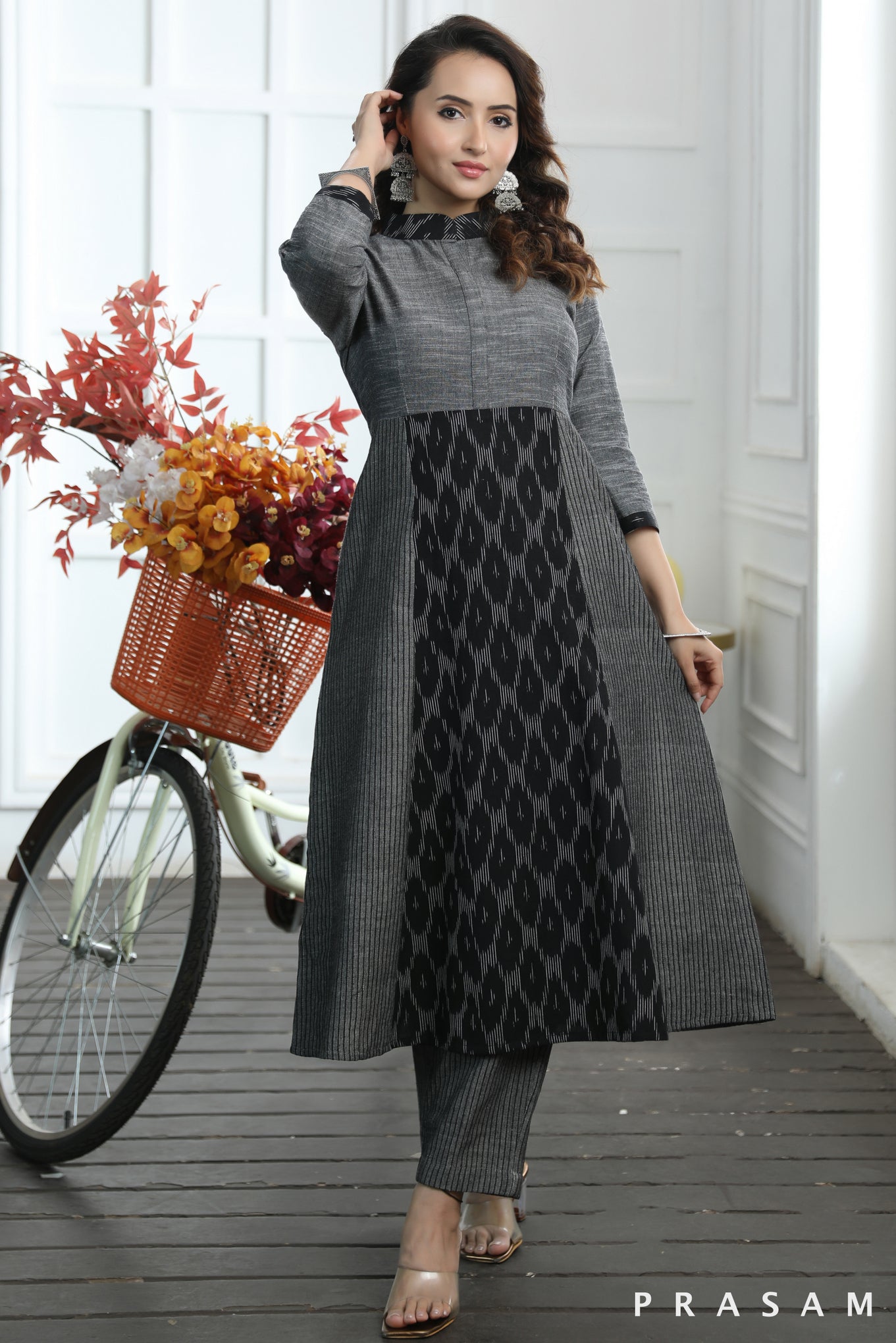 Aditi Classy Grey And Black Combination Ikat And Textured Cotton Kurti (Optional Pants)