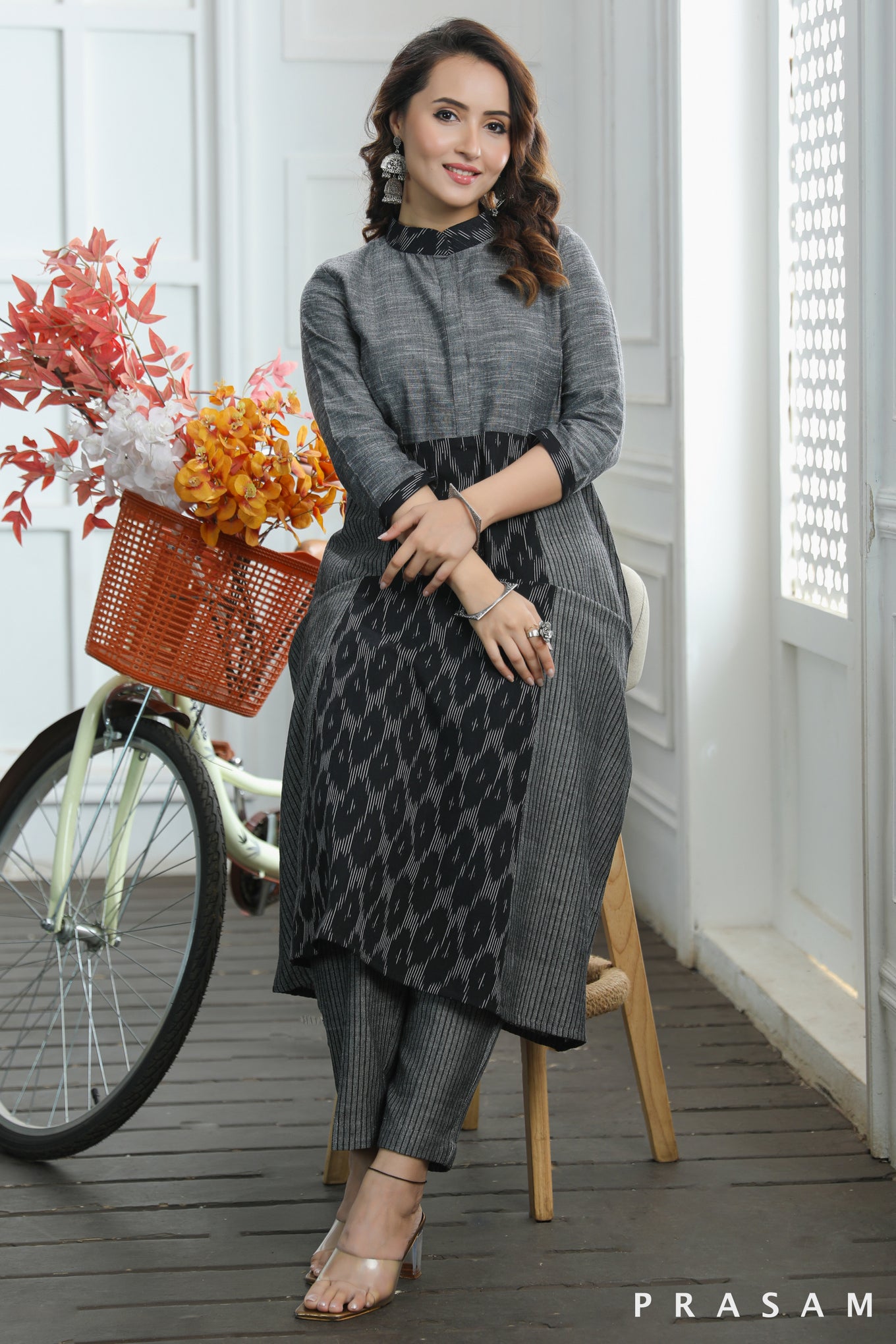 Aditi Classy Grey And Black Combination Ikat And Textured Cotton Kurti (Optional Pants)
