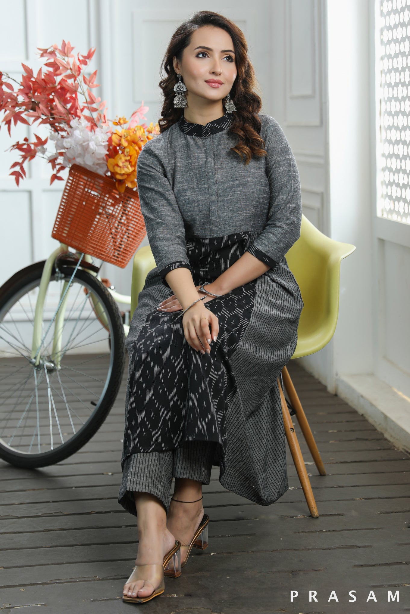 Aditi Classy Grey And Black Combination Ikat And Textured Cotton Kurti (Optional Pants)