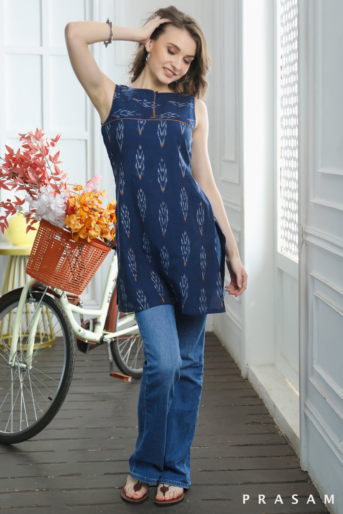 Urban Vogue Tunic Smart Navy Handloom Cotton Ikat Tunic