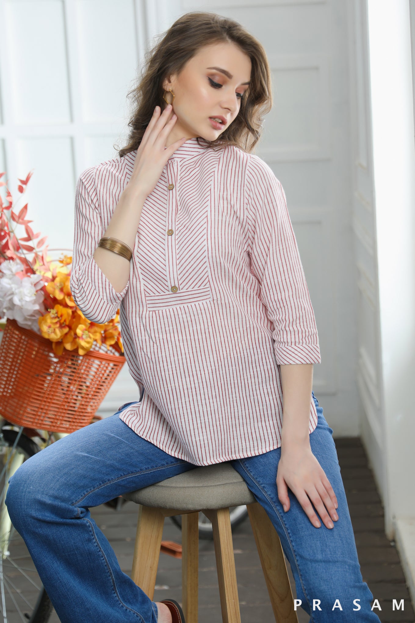 Inaya Tunic Classy Handloom Cotton Stripe Tunic With Wooden Buttons