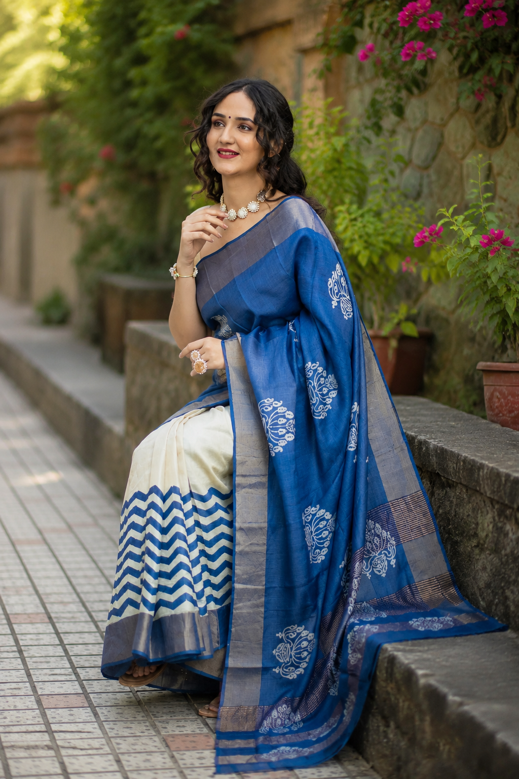Purssian Stream Hand Batik Pure Tassar Silk Saree