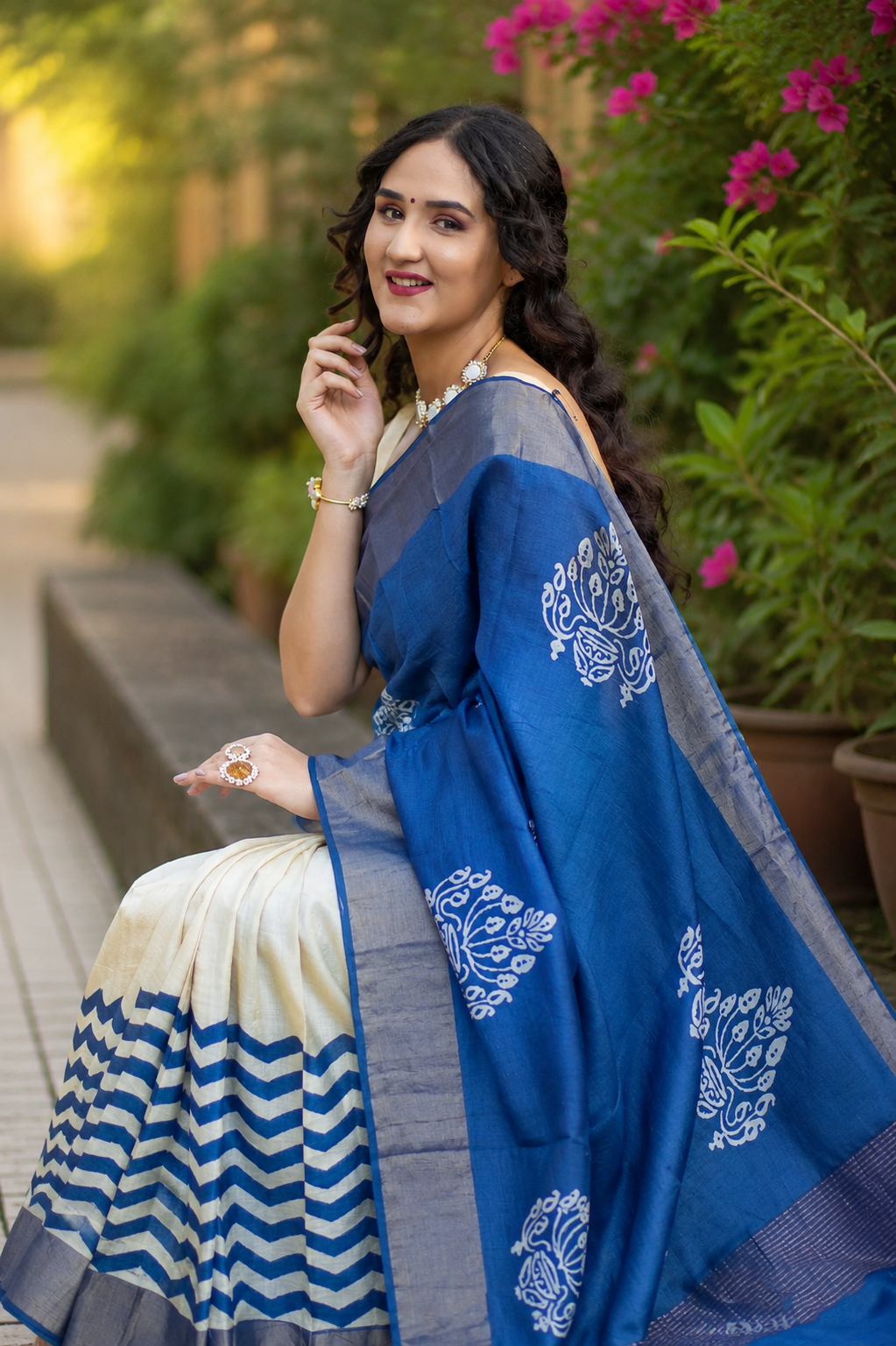 Purssian Stream Hand Batik Pure Tassar Silk Saree
