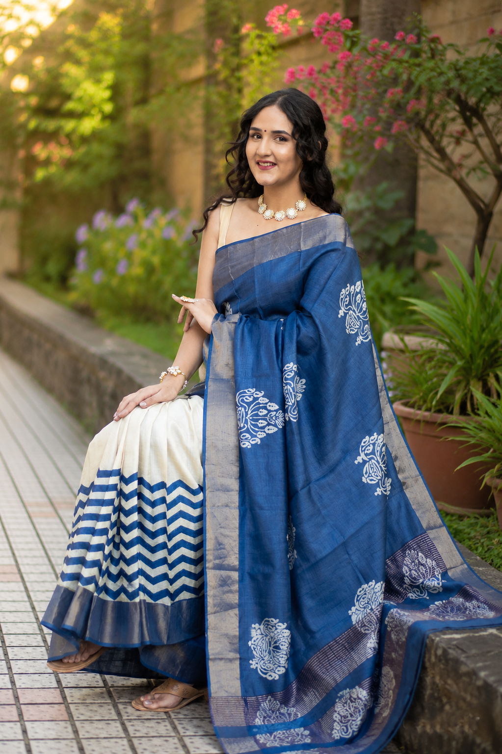 Purssian Stream Hand Batik Pure Tassar Silk Saree