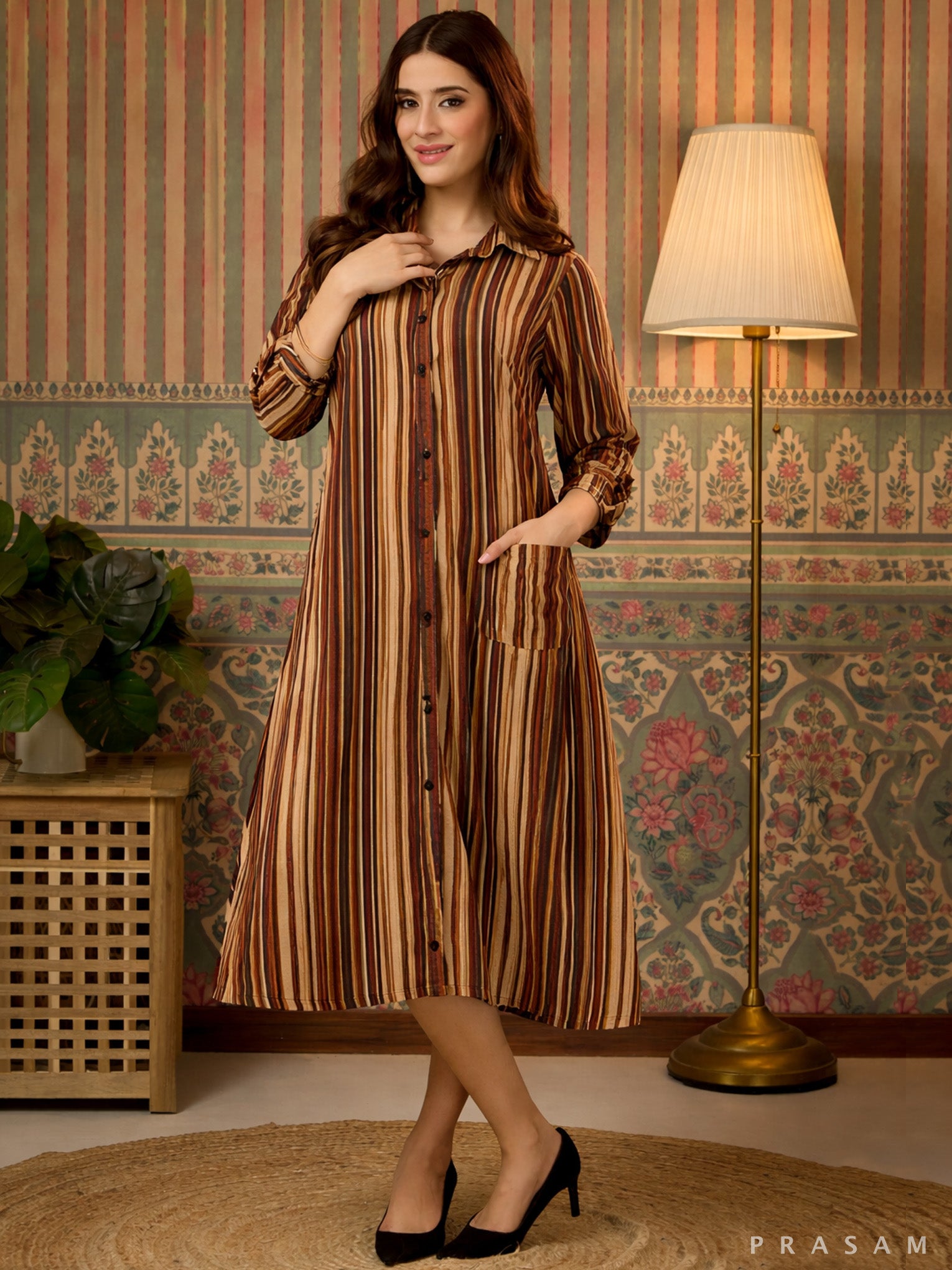 Rustic Stripe Shirt Midi Dress