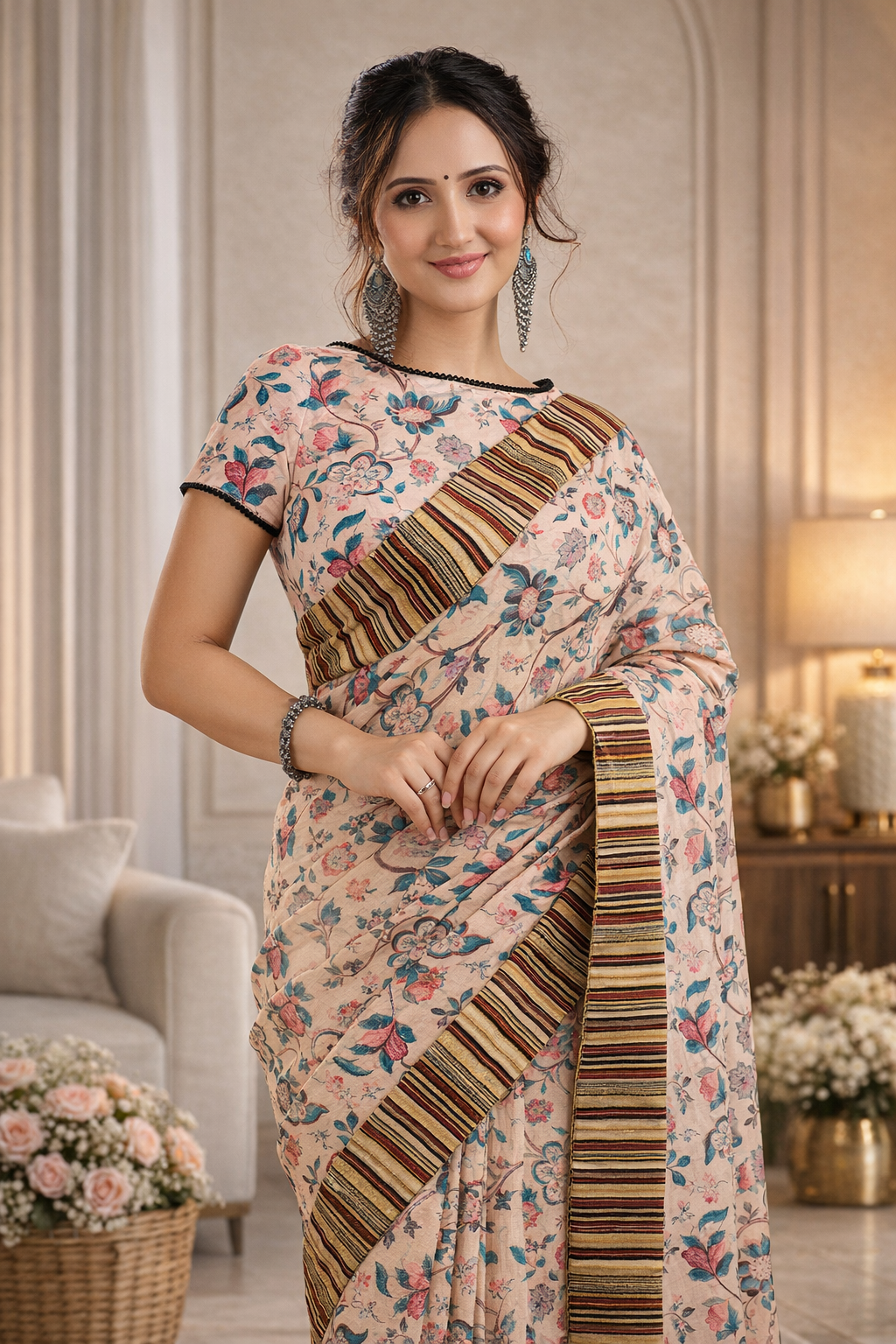 Safari Sunset- Beige Chanderi Printed Saree with Ajrakh Strip Border