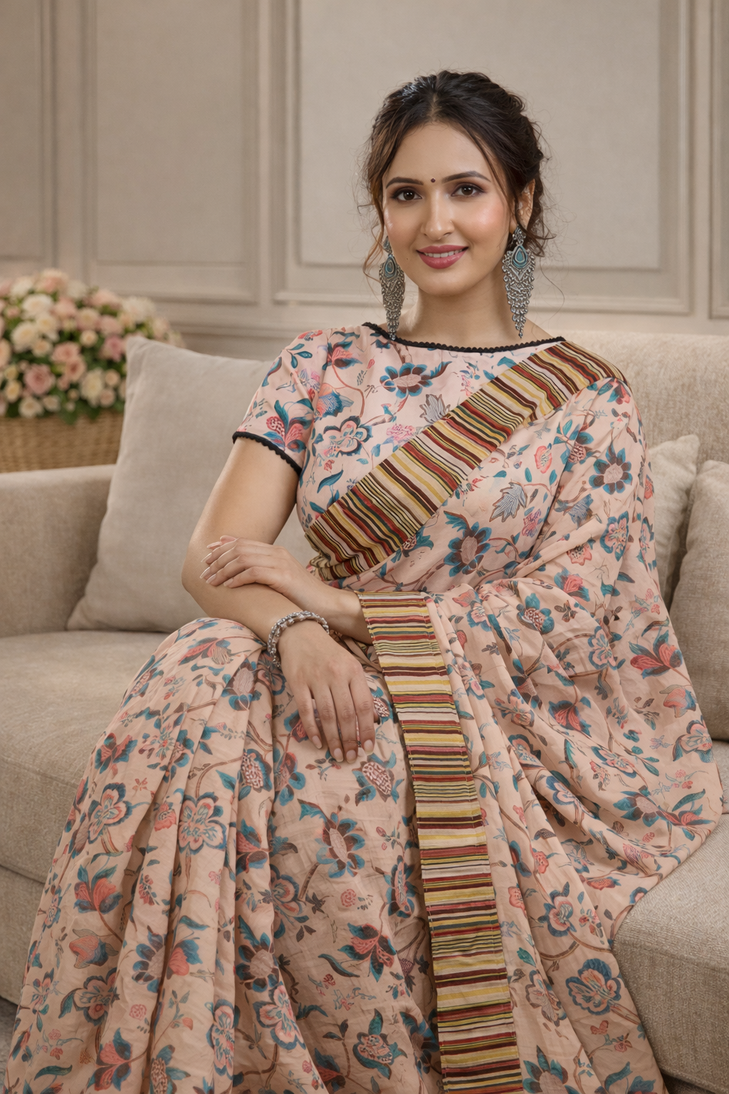 Safari Sunset- Beige Chanderi Printed Saree with Ajrakh Strip Border