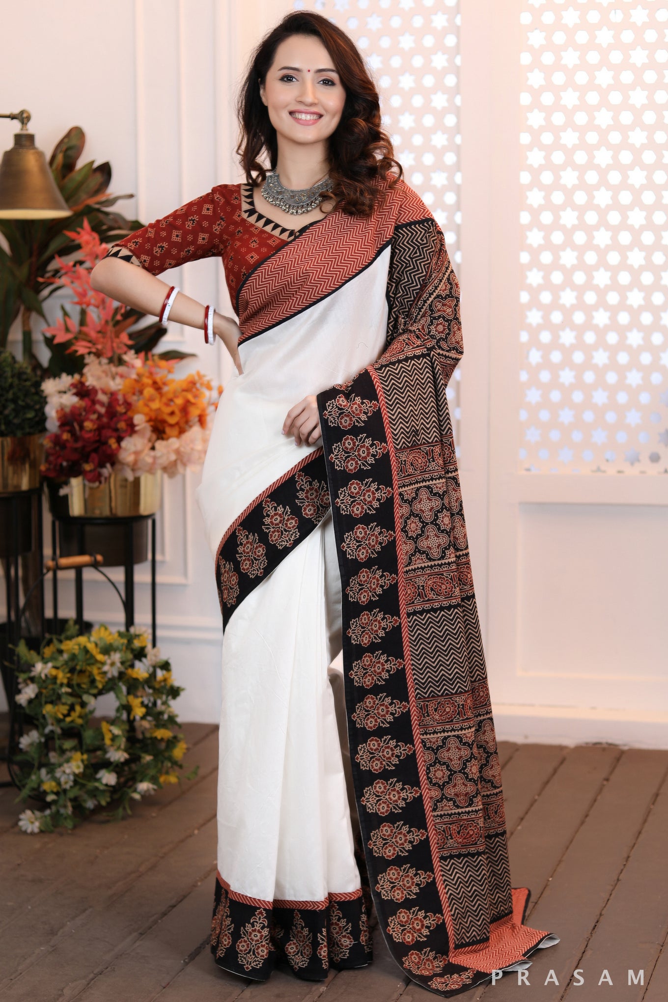 Graceful Simplicity beautiful ethnic chanderi silk and cotton ajrakh combination saree Prasam Crafts
