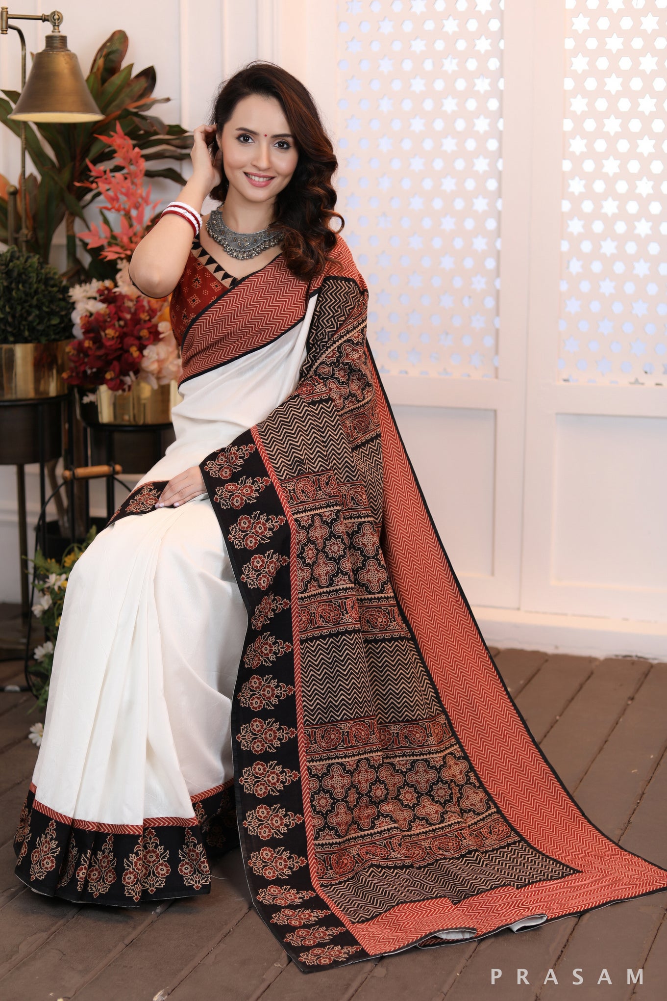 Graceful Simplicity beautiful ethnic chanderi silk and cotton ajrakh combination saree Prasam Crafts