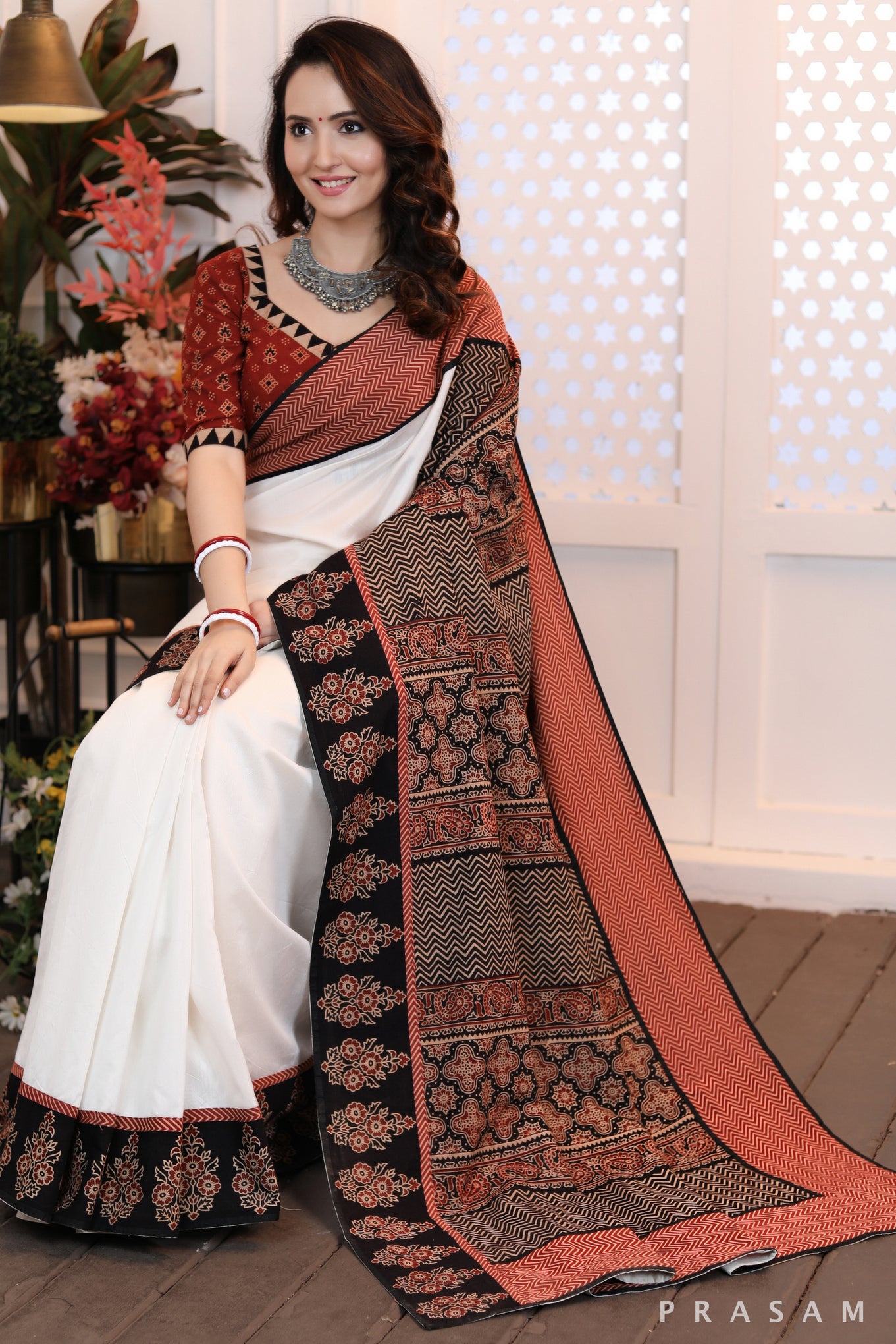 Graceful Simplicity beautiful ethnic chanderi silk and cotton ajrakh combination saree Prasam Crafts
