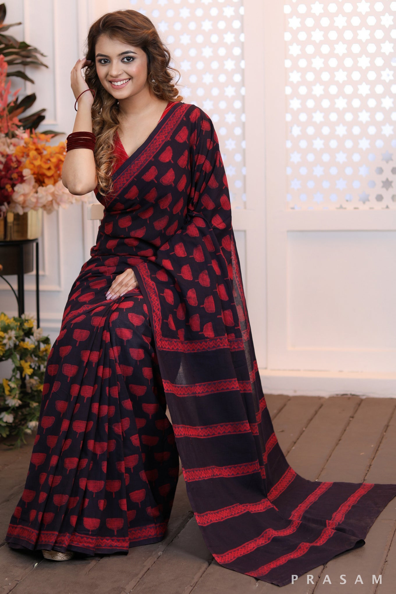 Burgundy Bells Classy handwoven cotton block print saree