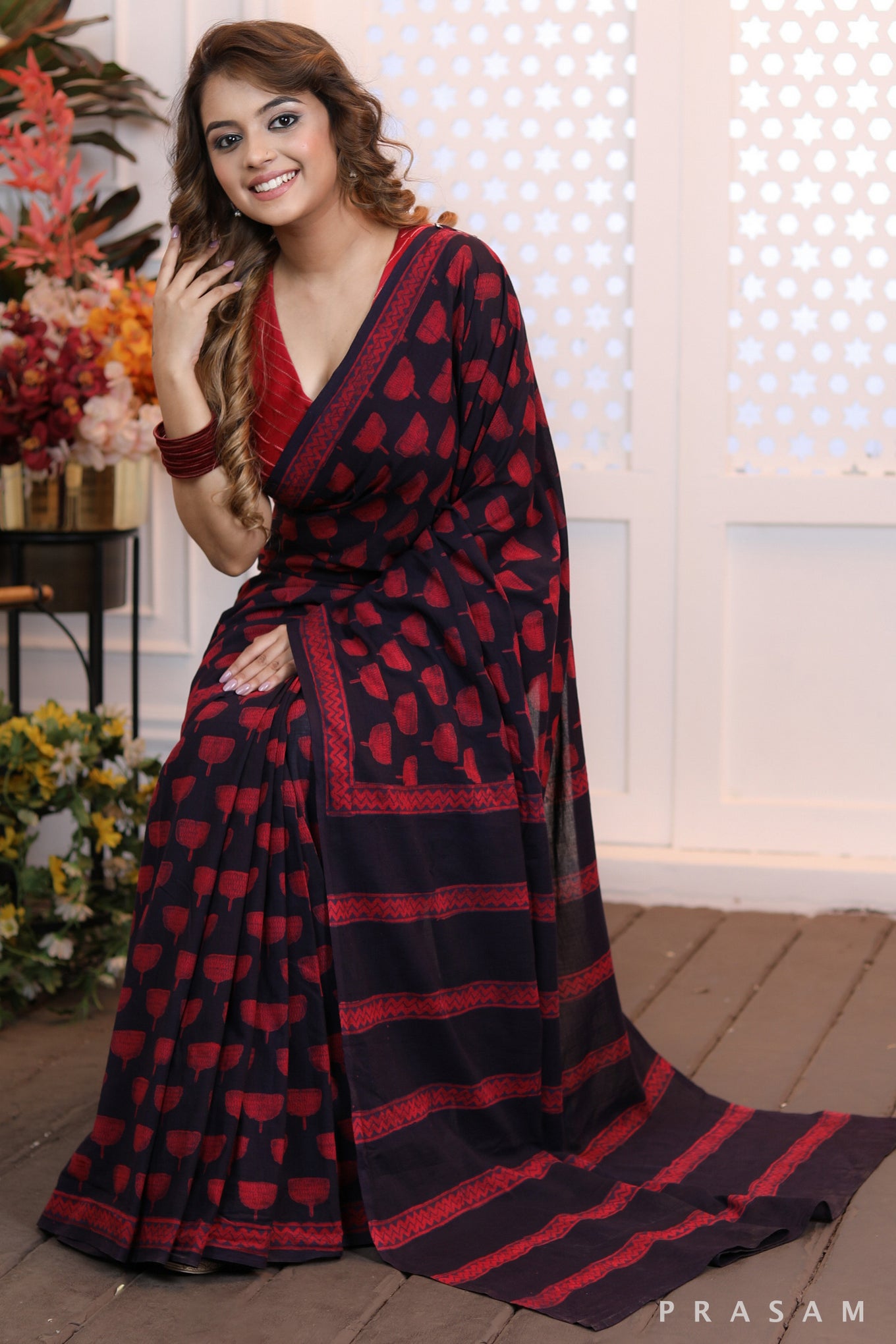 Burgundy Bells Classy handwoven cotton block print saree