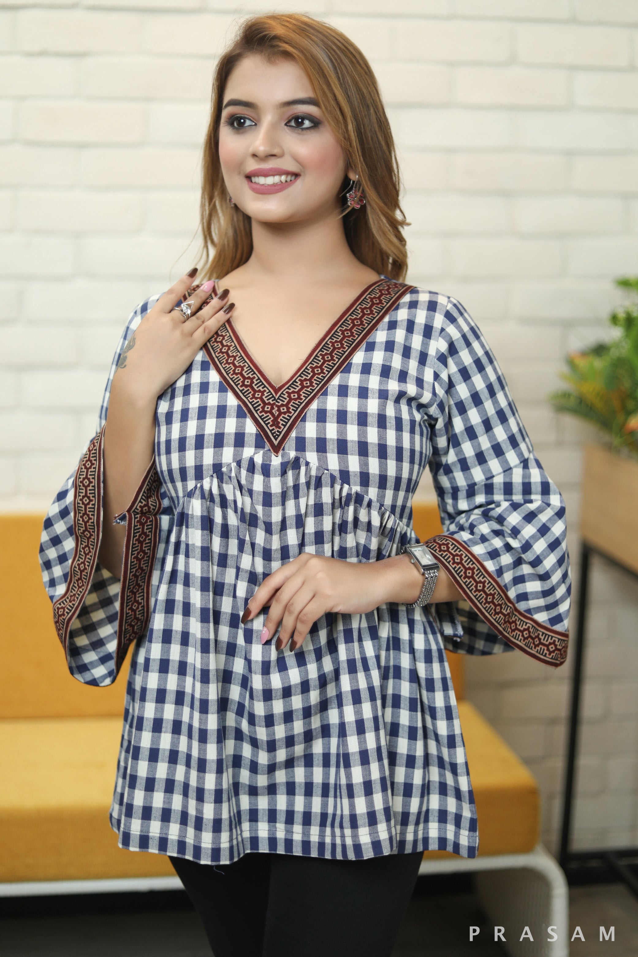 Blue chess Classy cotton checks peplum tunic with ajrakh detailings