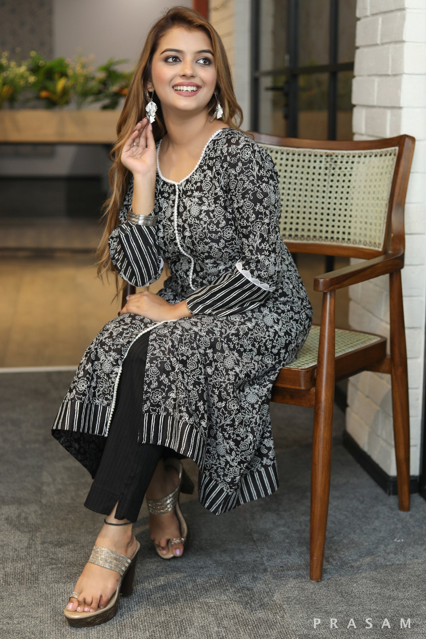 Silk sutra exclusive block printed black chanderi silk kurti with white lace trims
