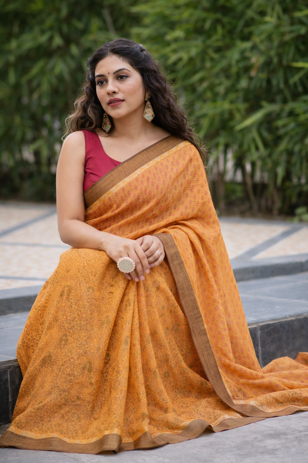 Summer Sunset Linen Hand Block Print Saree