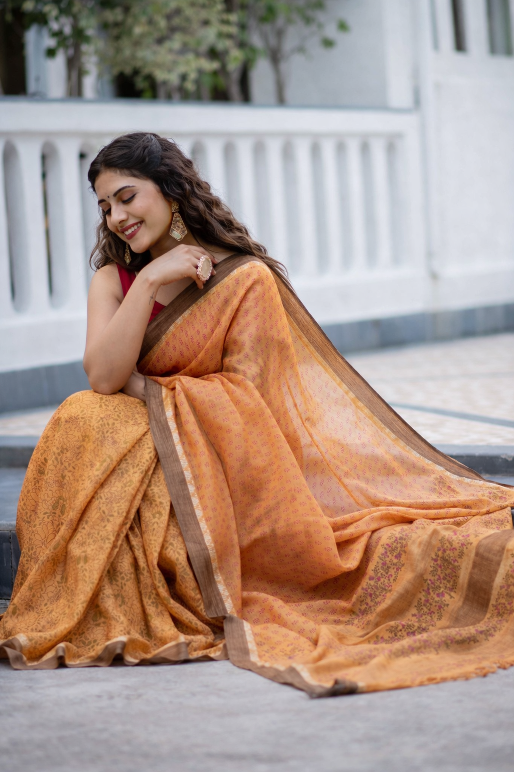 Summer Sunset Linen Hand Block Print Saree